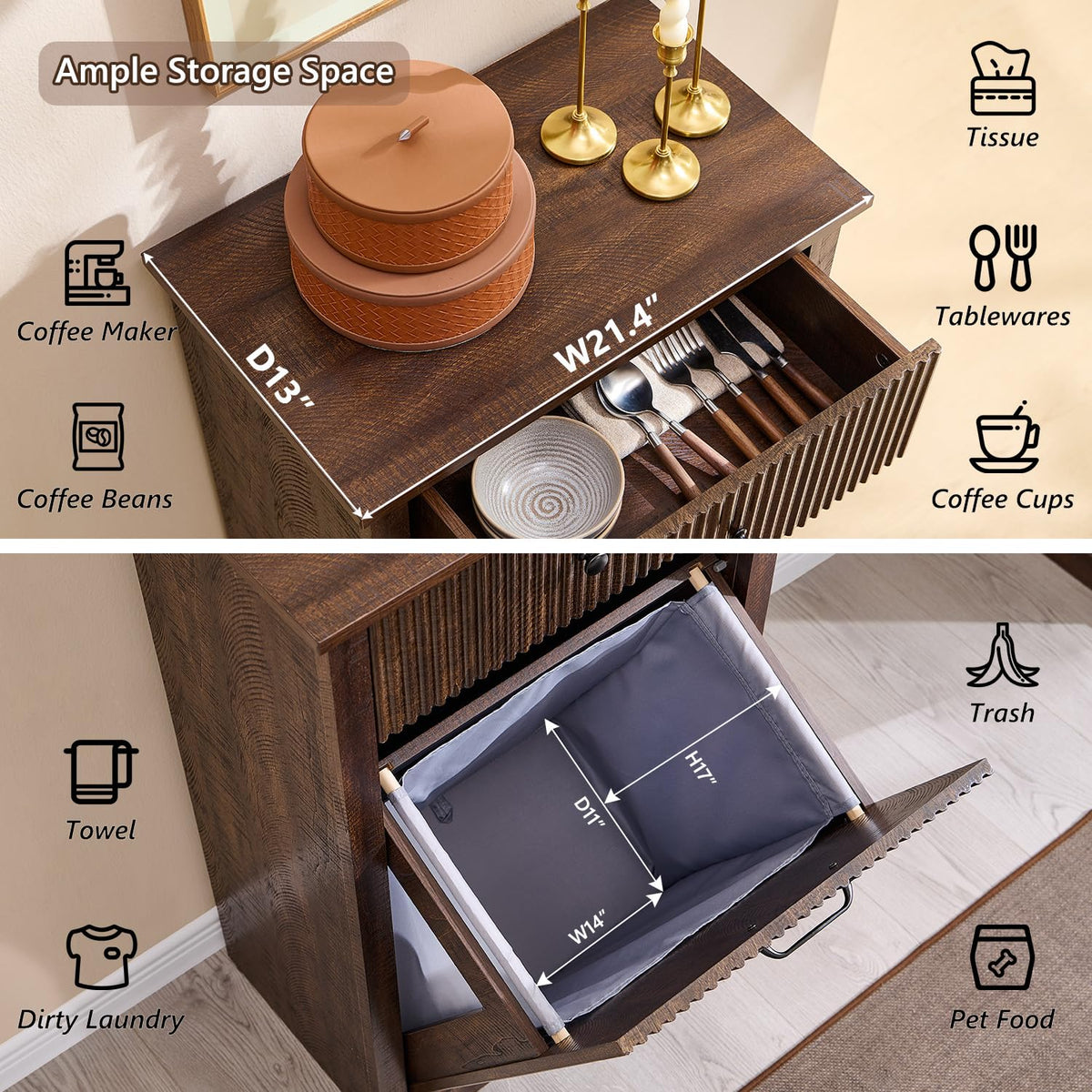 Modern Tilt-Out Trash Can Cabinet, 10 Gallon Fluted Laundry Hamper Cabinet with Drawers, Wooden