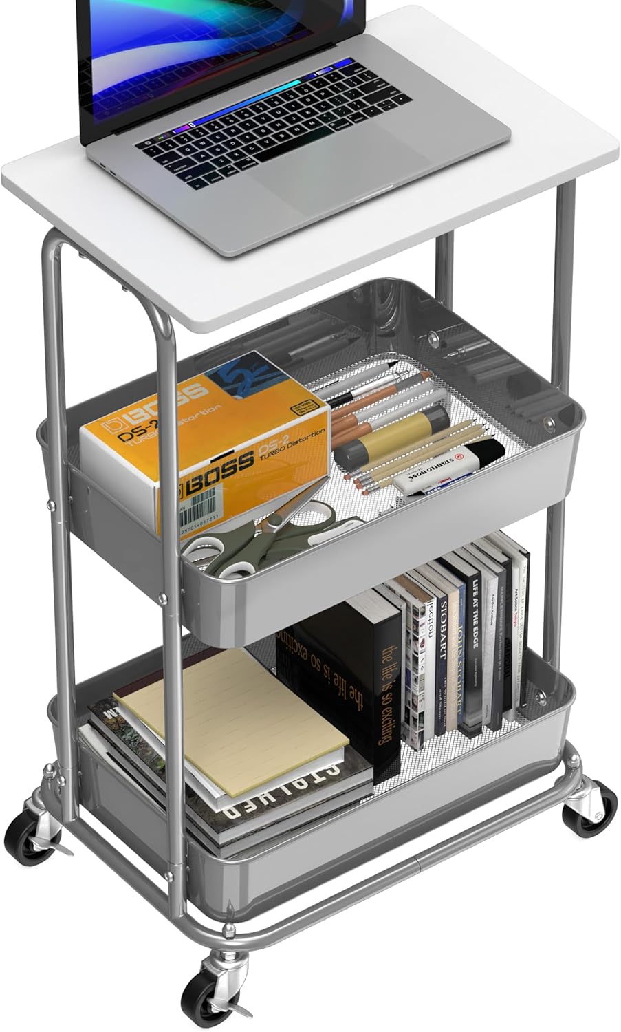 Simple Houseware 2-Tier Rolling Utility Cart with Lockable Wheels and Wood Top, Metal Storage
