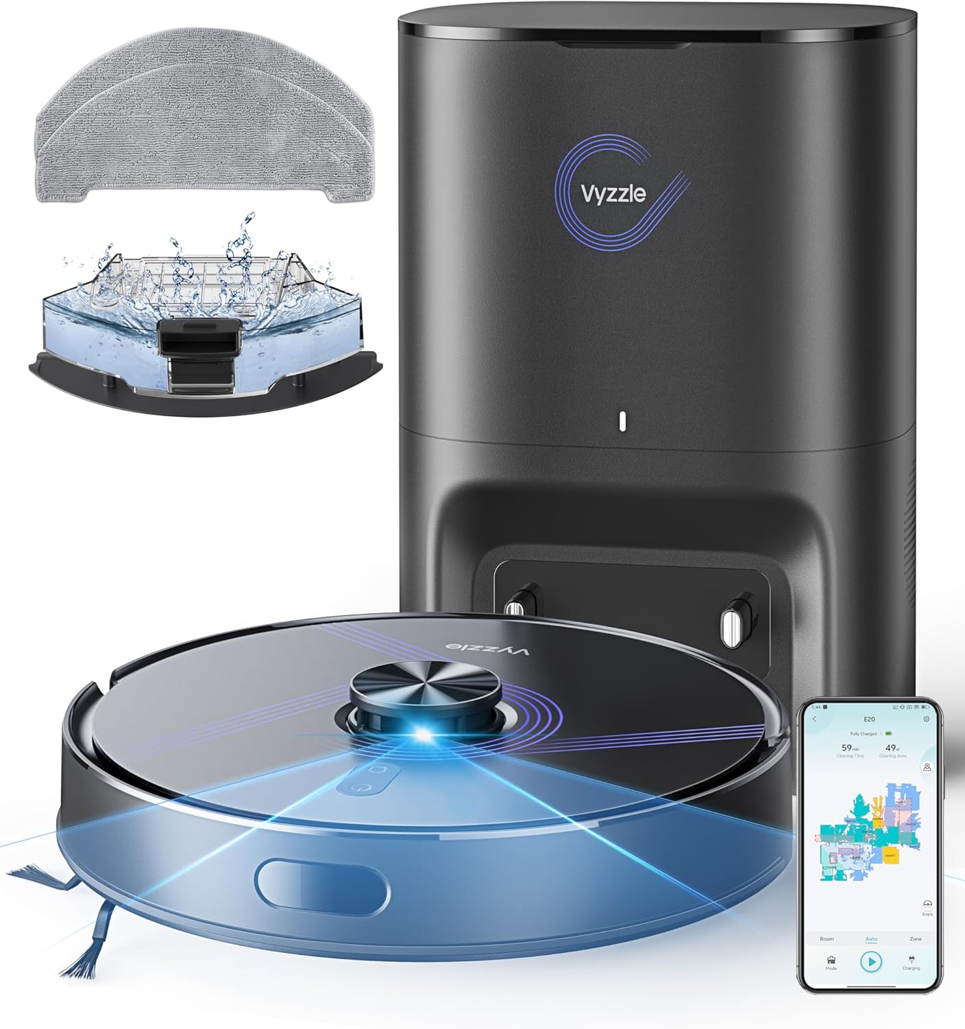 Vyzzle E20 Robot Vacuum and Mop, 60-Day Robot Vacuum Self Emptying, 5500Pa Suction, Zoned &