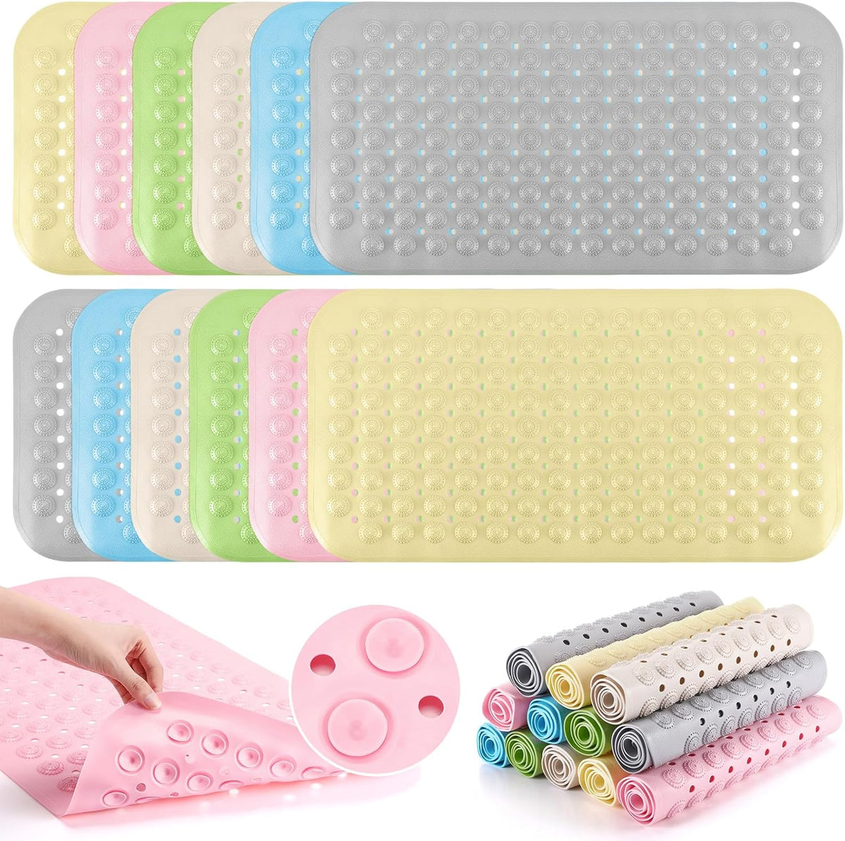 Dunzy 12 Pcs Non Slip Bath Mats 27.6x14.2 Inches TPE Bathtub Mats with Suction Cups Drain Holes