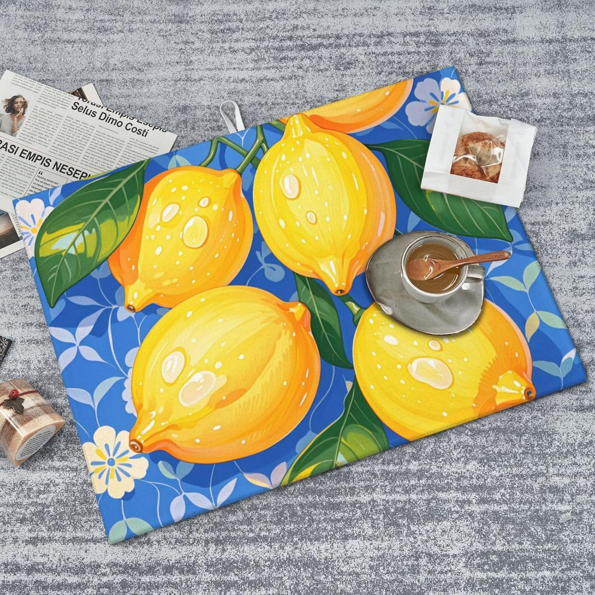 lemon Dish Drying Mat Highly Absorbent Double-Sided Microfiber with Hanging Loop Reversible Drain