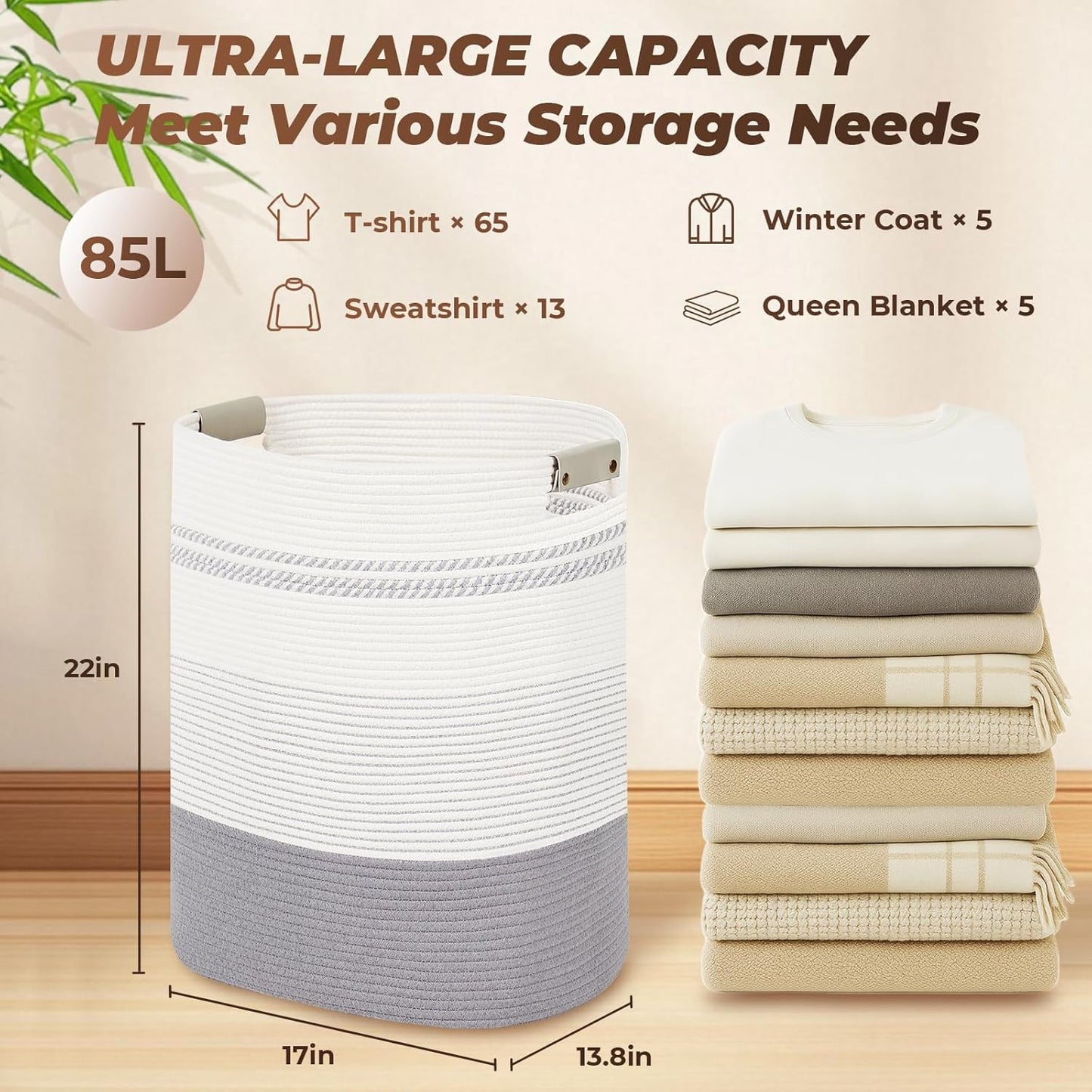 Laundry Basket with Handles - Blanket Basket & Hampers for Bedroom Aesthetic, Laundry Hamper &