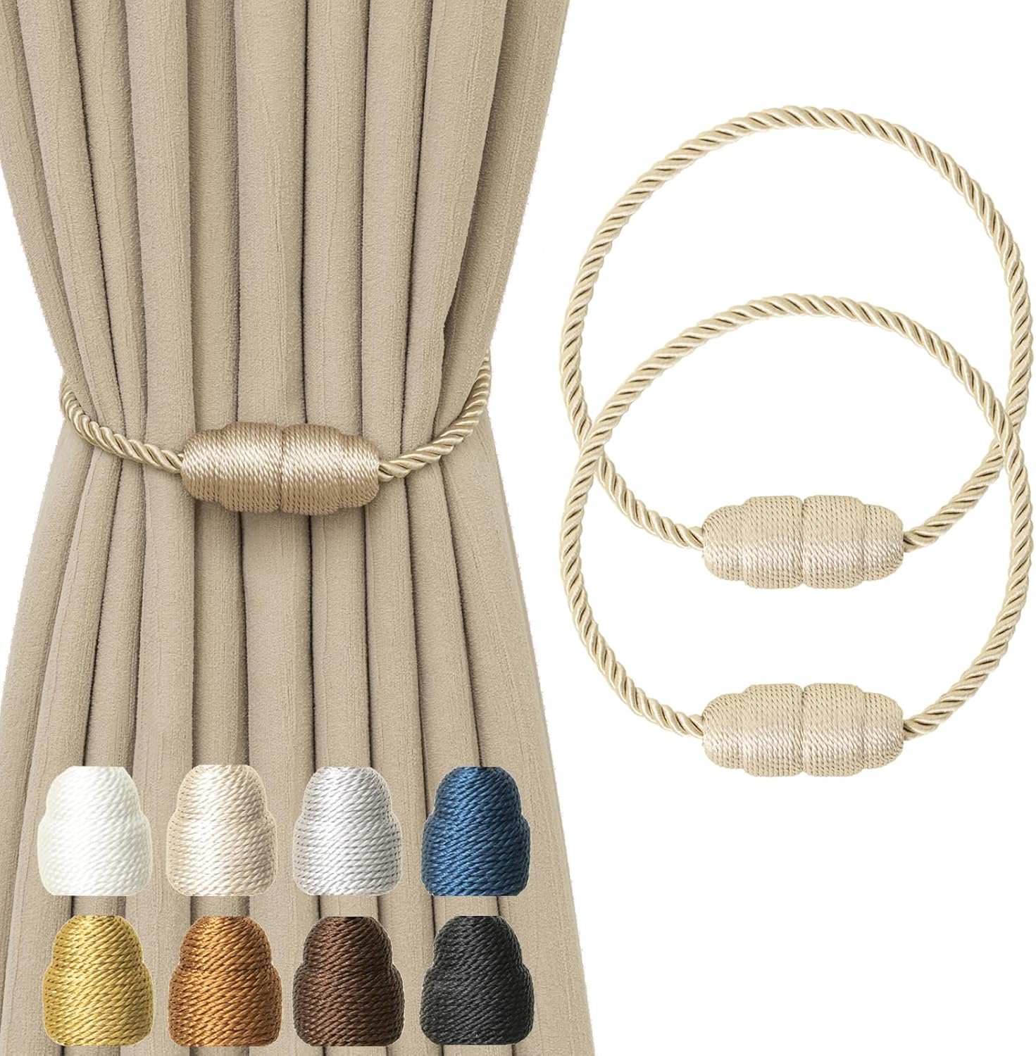 Magnetic Curtain Tiebacks - Rope Tiebacks for Curtains & Drapes, Decorative Window Holdbacks (2