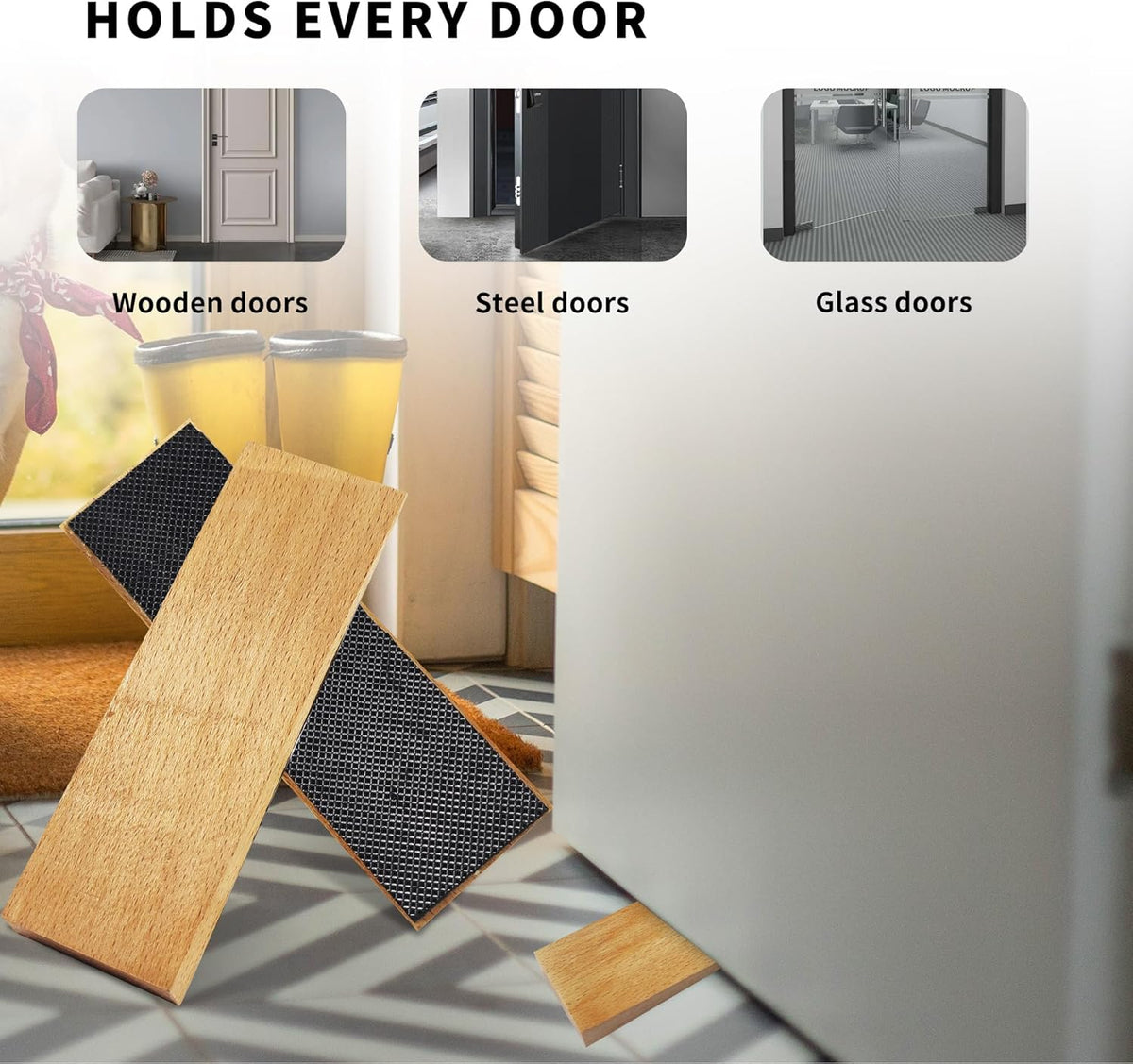 2 Pack Wooden Door Stop - Non-Slip Door Stoppers for Floor - Door Wedges for All Door Types and