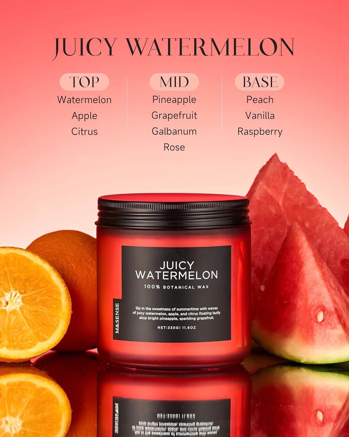 M&SENSE Juicy Watermelon Scented Candle - 11.6oz Clean Non Toxic Natural Soy Wax 70-Hour Burn Long