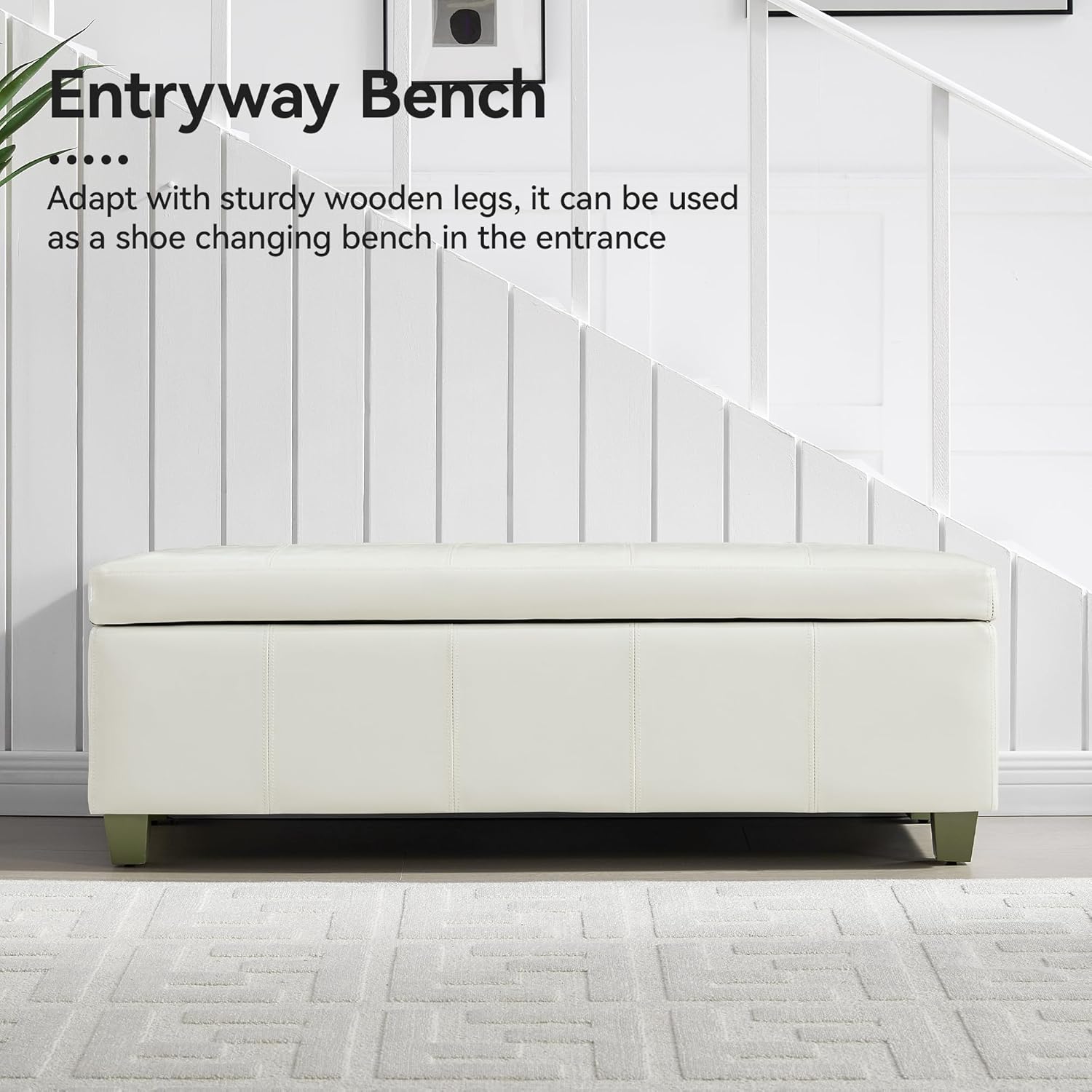 51" Faux Leather Storage Ottoman, Stitch Tufted Rectangle Upholstered End of Bed Storage Bench