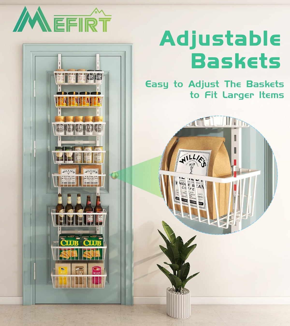 White 12 Inch Wide Narrow Over The Door Pantry Organizer, Pantry Organization and Storage, 8-Tier