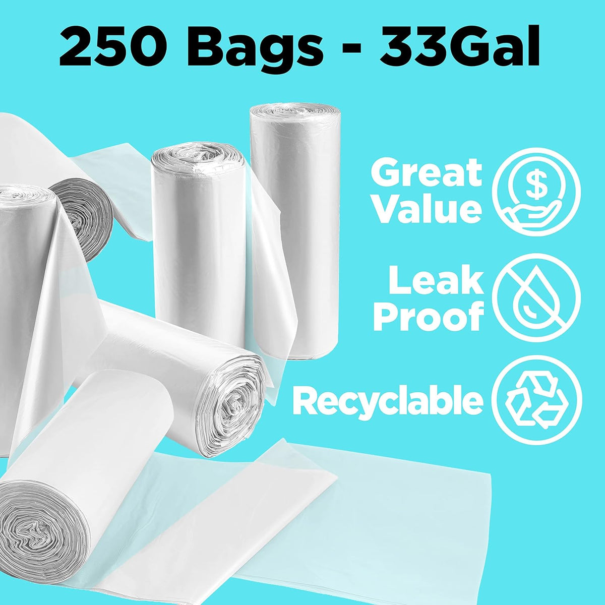 30-33 Gallon Clear Trash Bags Heavy Duty (250 COUNT) - Clear Recycling Garbage Bags 30+ Gallon, 32