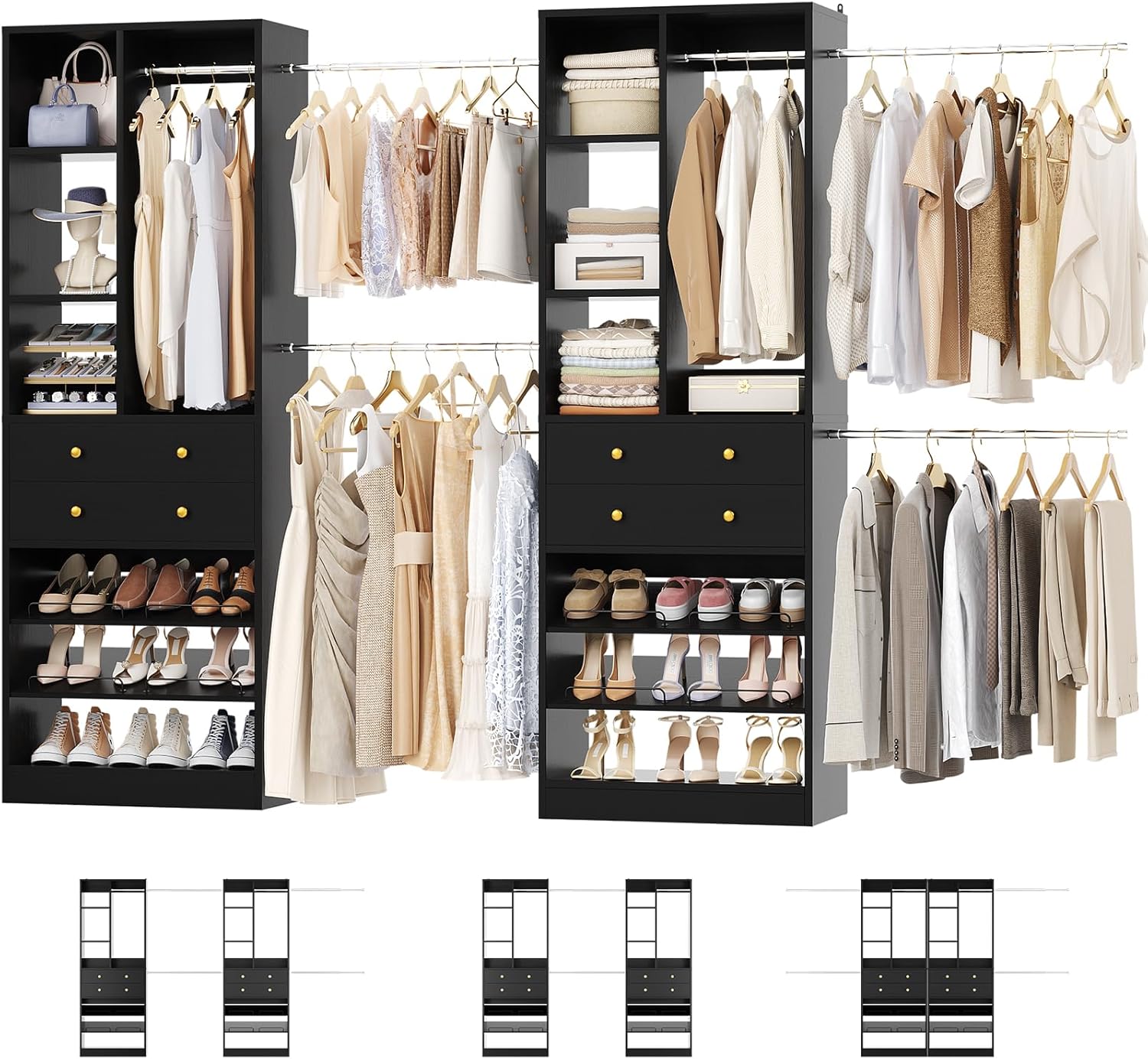 Closet System, Up to 134"/11.2 FT Closet Organizer with 4 Wooden Drawers and Shelves, Walk-in