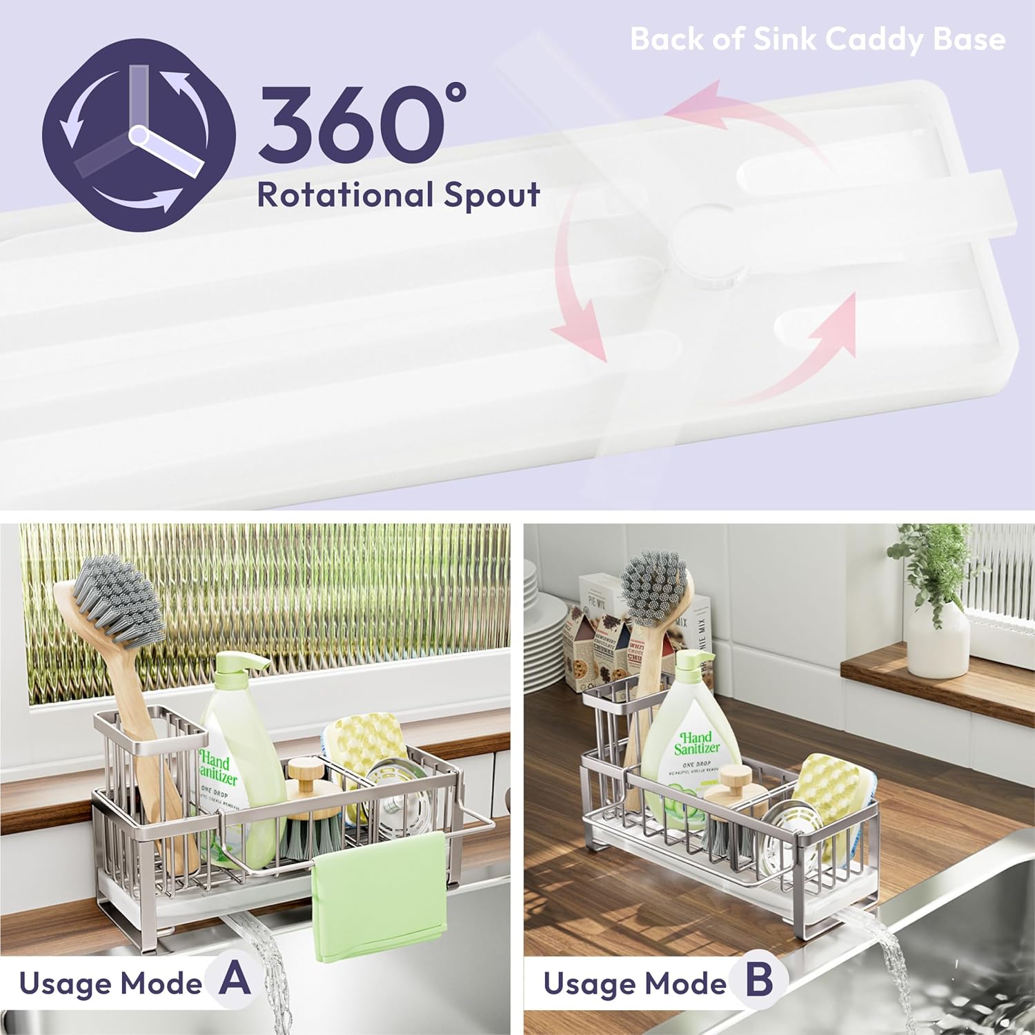 SWTYMIKI Sponge Holder for Kitchen Sink - Sink Caddy with Brush Holder Self-draining Sponge Caddy
