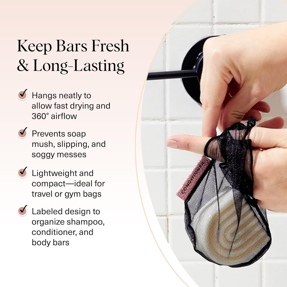 Kitsch Bar Soap Saver Bag – Patented Mesh Bag Soap Holder for Shampoo and Conditioner Bars
