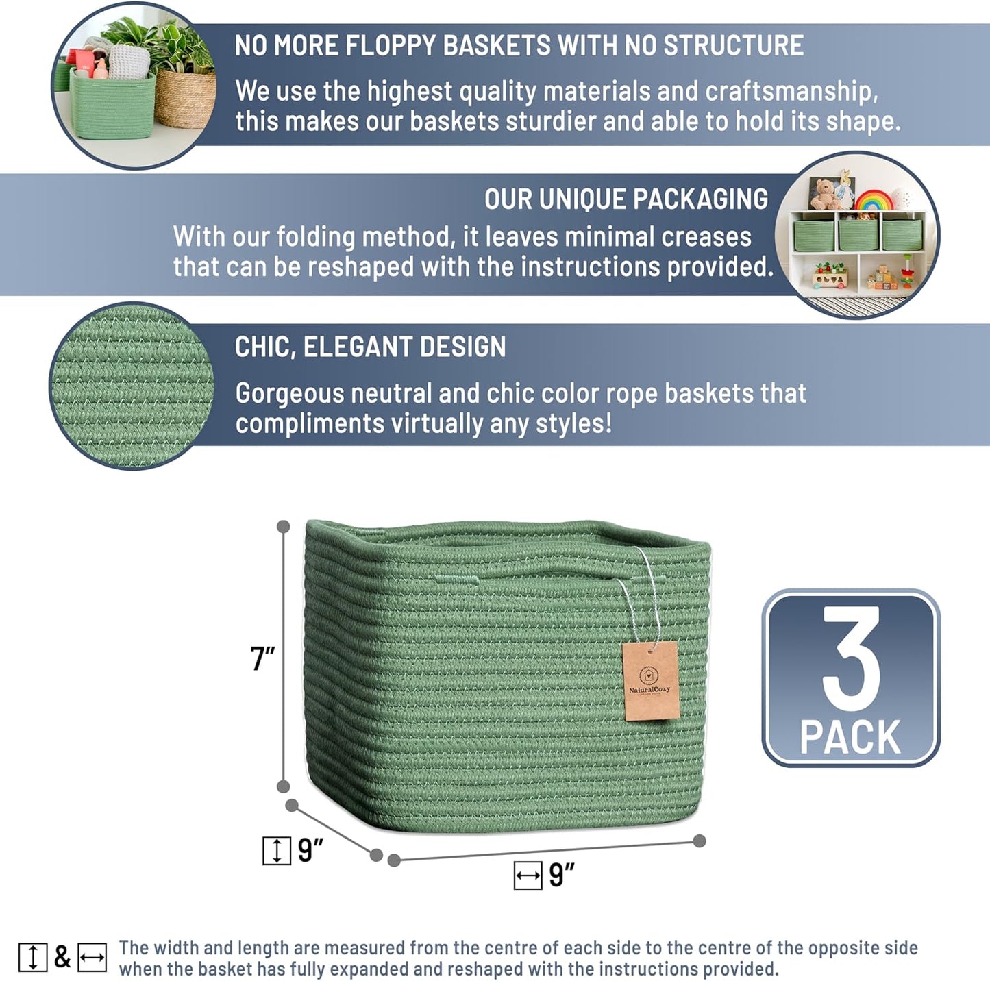 NaturalCozy Storage Cubes 9”x9”x7”Cotton Rope Woven Baskets for Organizing 3-Pack | 9 Inch Cube