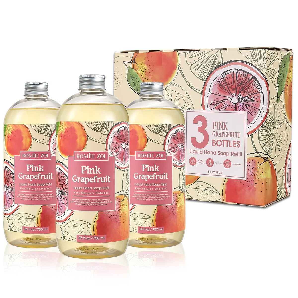 ROMIIE ZOI Liquid Hand Soap Refill Gift Set – 3 Pack (26 Fl Oz Each), Pink Grapefruit Scent