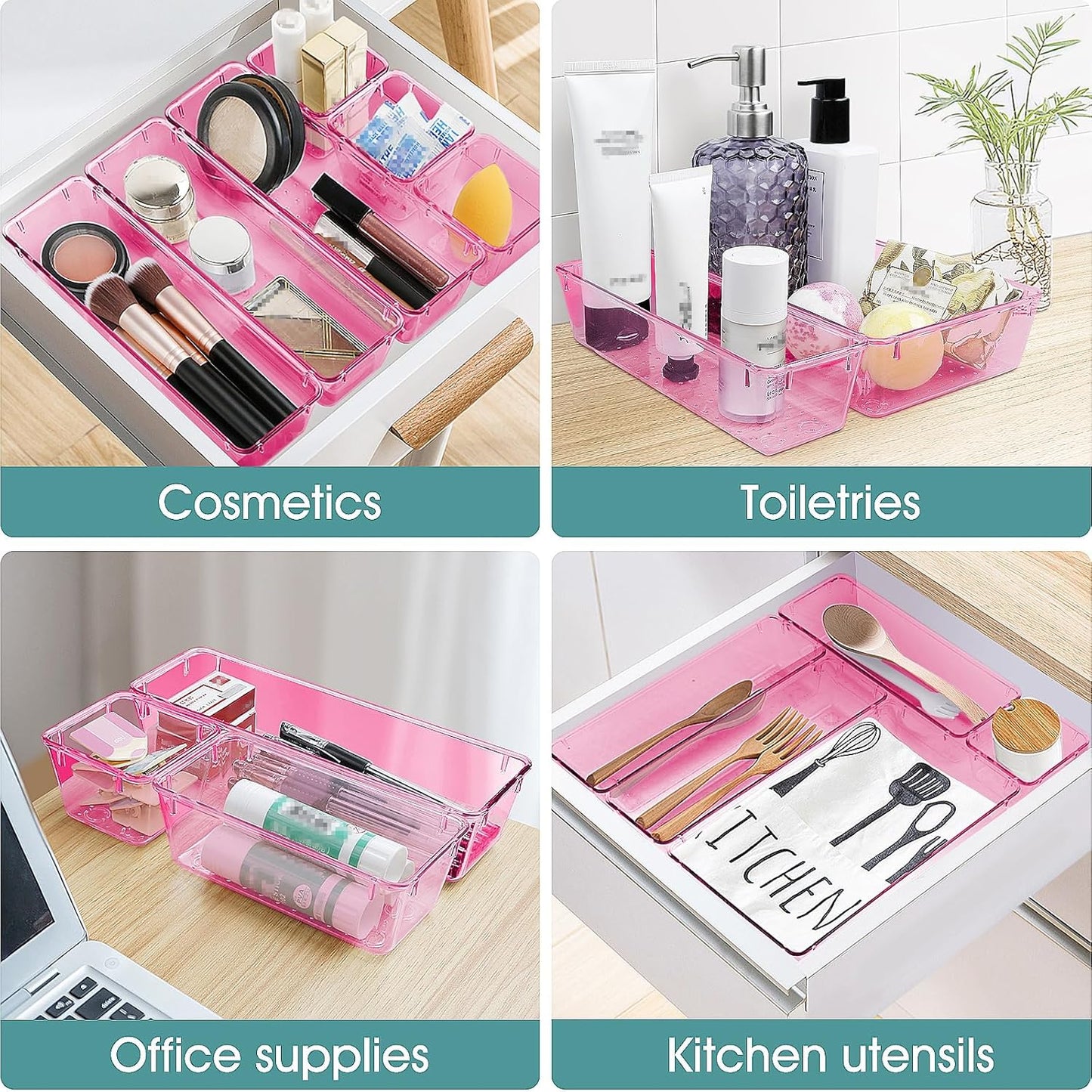 WOWBOX 25 PCS Plastic Drawer Organizer Set, 4 Sizes Desk Drawer Divider Organizers and Storage Bins