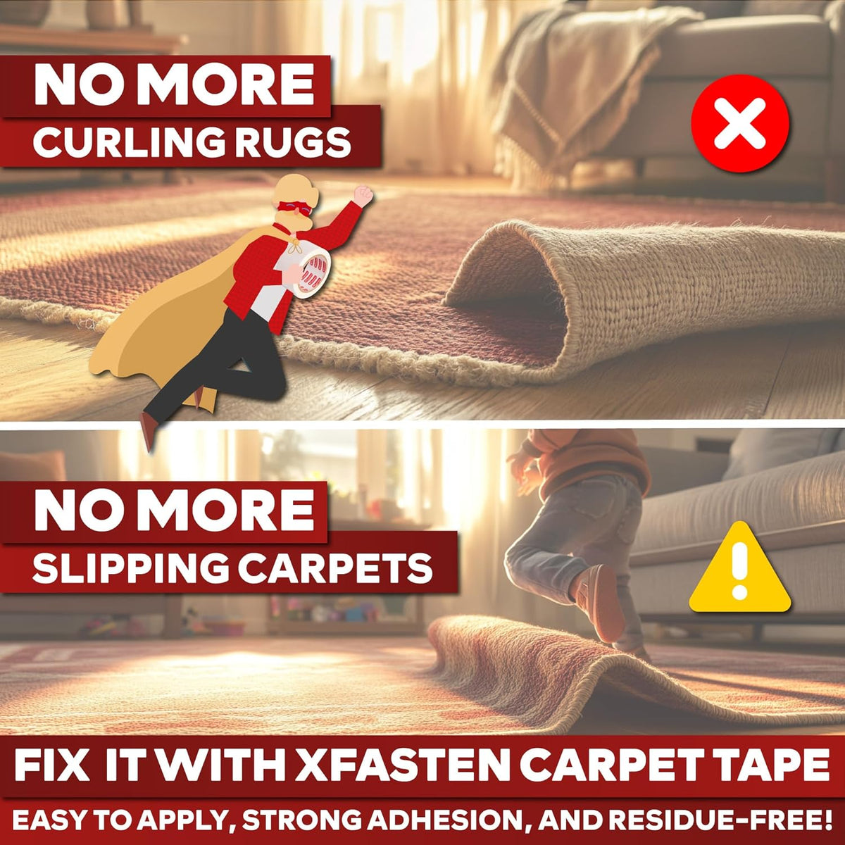 XFasten Double Sided Carpet Tape for Area Rugs, 2 Inch x 30 Yards – Heavy Duty Anti Slip Rug Grip