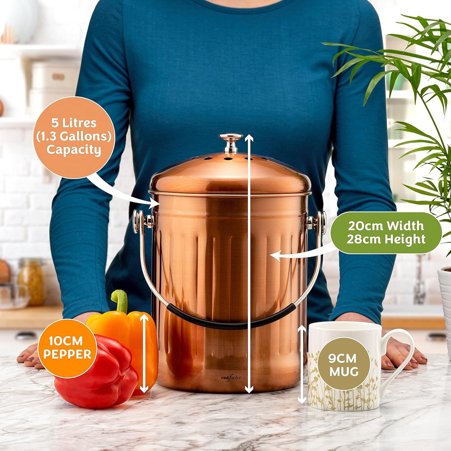 RED FACTOR Premium Compost Bin for Kitchen Countertop - Stainless Steel Food Waste Bucket with