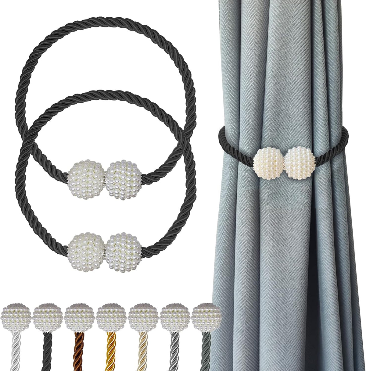 Hion Magnetic Curtain Tiebacks Black 2pcs, Curtain Tiebacks Buckles Holdbacks Holders Hooks Clip