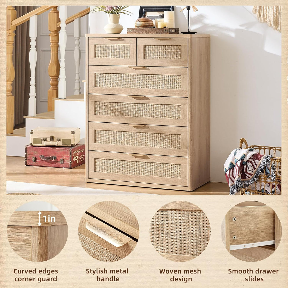LEYAOYAO Rattan Dresser for Bedroom, 42" Tall Chest of Drawers, Modern 6 Drawers Boho Dressers with