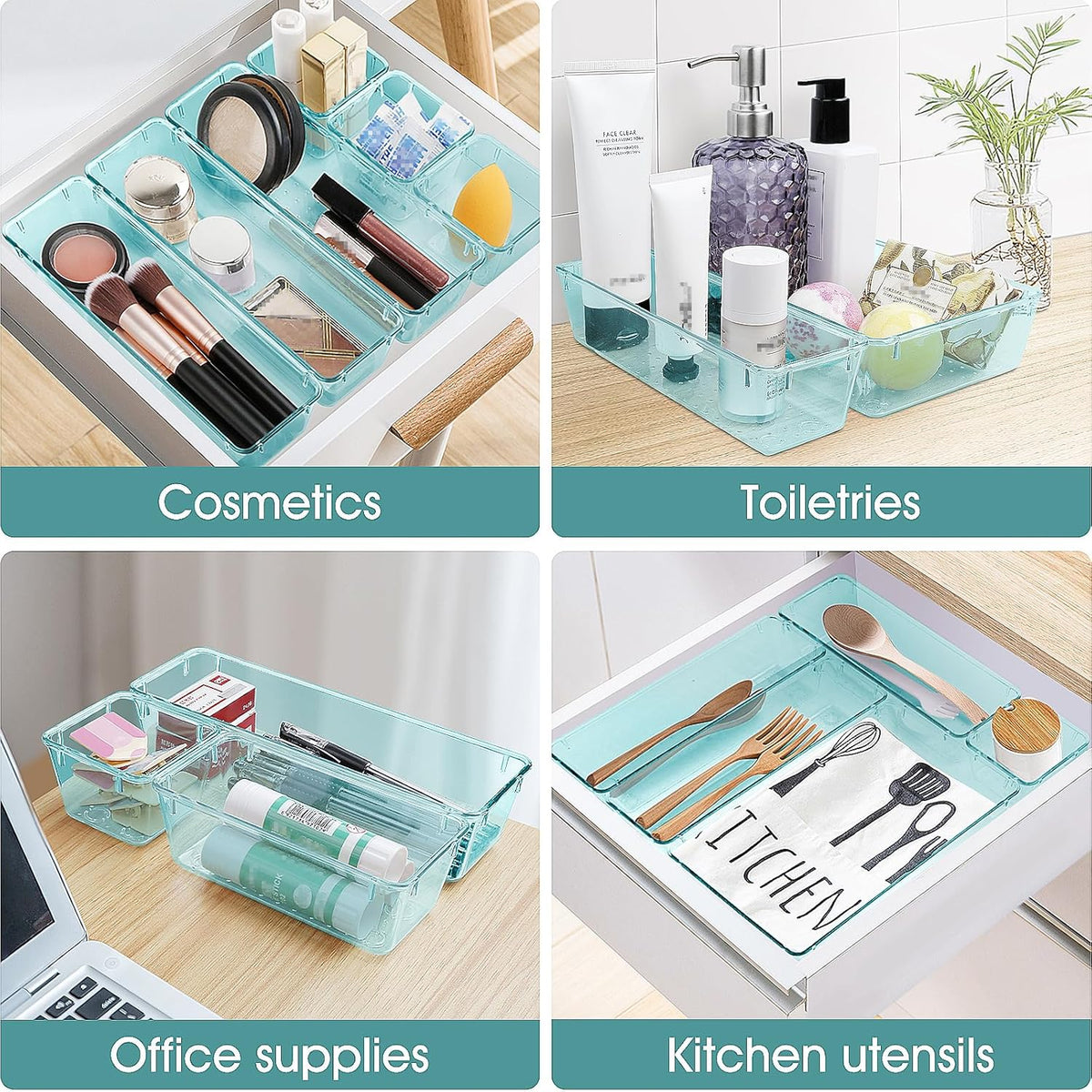 WOWBOX 25 PCS Plastic Drawer Organizer Set, 4 Sizes Desk Drawer Divider Organizers and Storage Bins