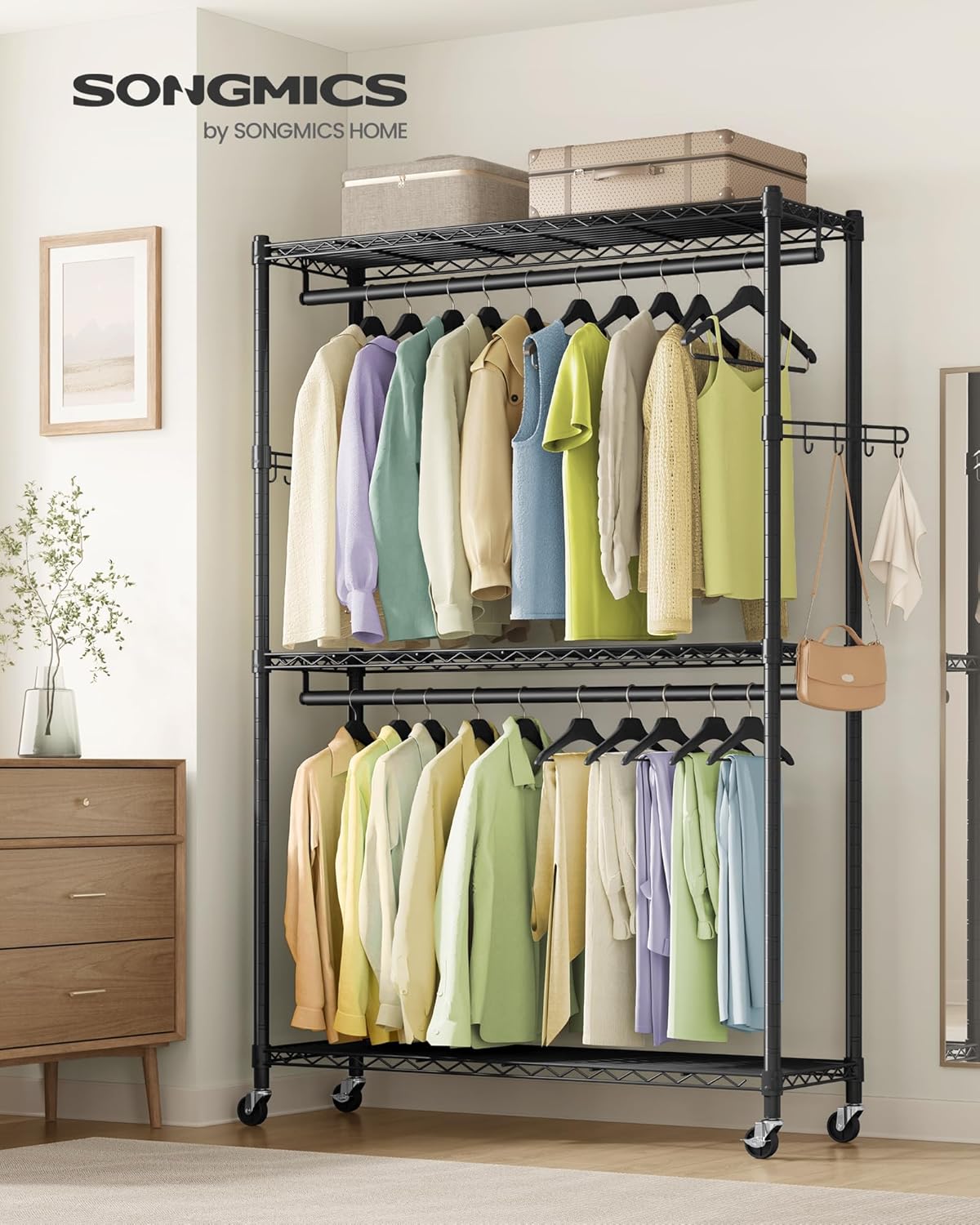SONGMICS Heavy-Duty Rolling Clothes Rack, Garment Rack, Portable Closet, 43.3-Inch Wide Clothing