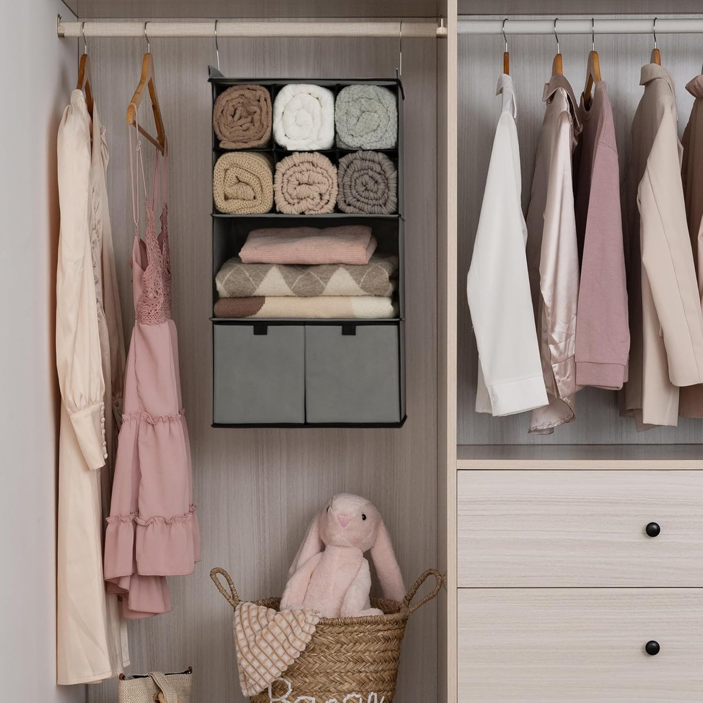 GRANNY SAYS Hanging Closet Organizer with Drawers, 4 Shelf Dividers Closet Hanging Organizer