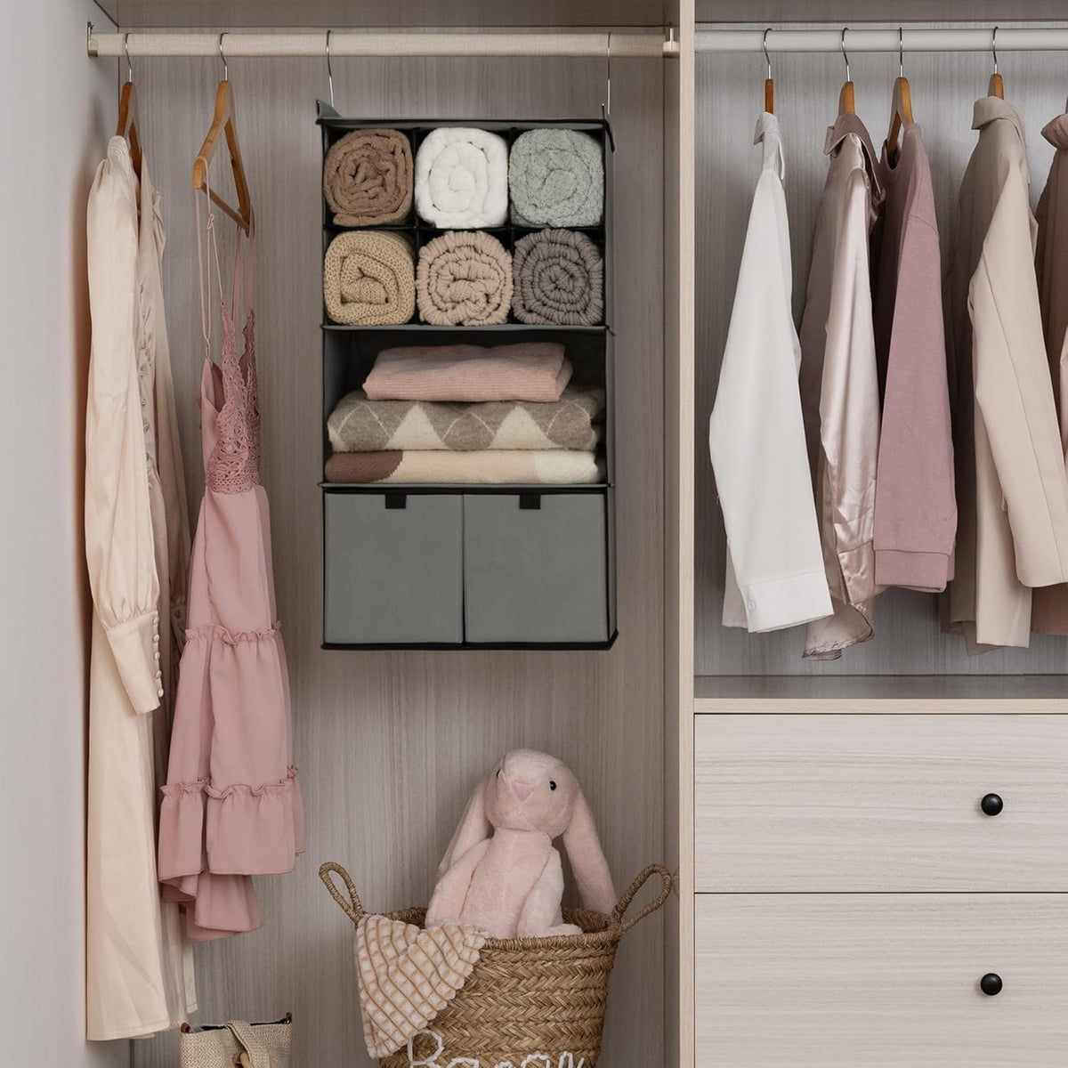 GRANNY SAYS Hanging Closet Organizer with Drawers, 4 Shelf Dividers Closet Hanging Organizer