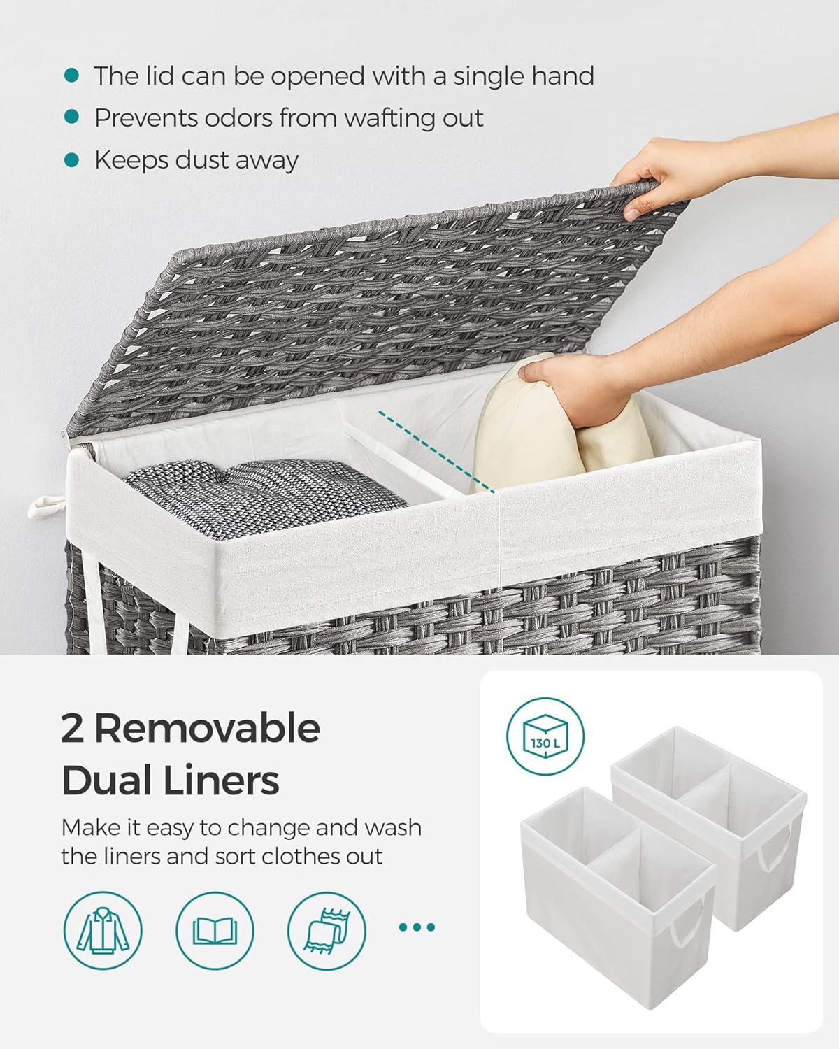 SONGMICS 130L Clothes Hamper with Lid, 2 Removable Liner Bags, 6 Mesh Bags, Wicker, Double Laundry