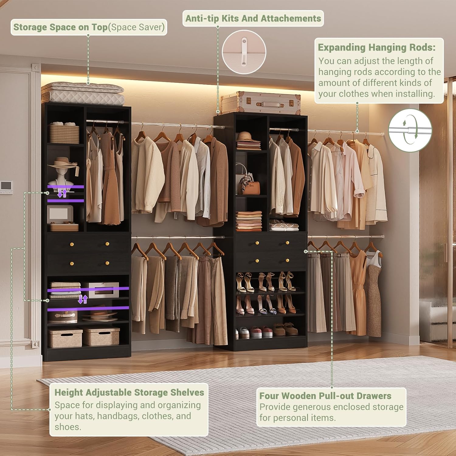 Closet System, Up to 134"/11.2 FT Closet Organizer with 4 Wooden Drawers and Shelves, Walk-in