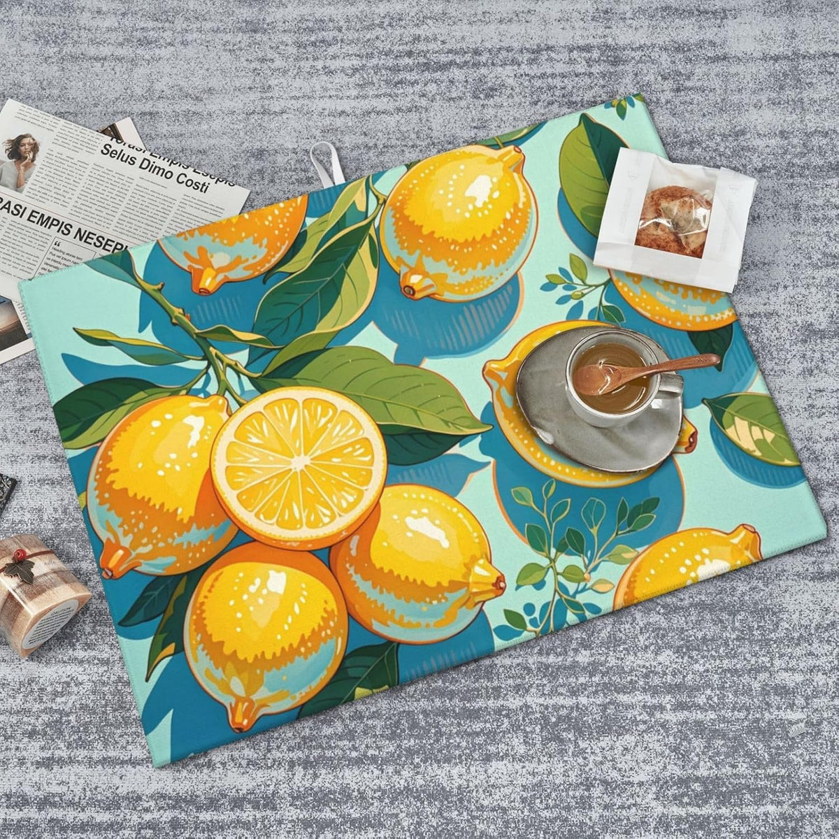 lemon Dish Drying Mat Highly Absorbent Double-Sided Microfiber with Hanging Loop Reversible Drain