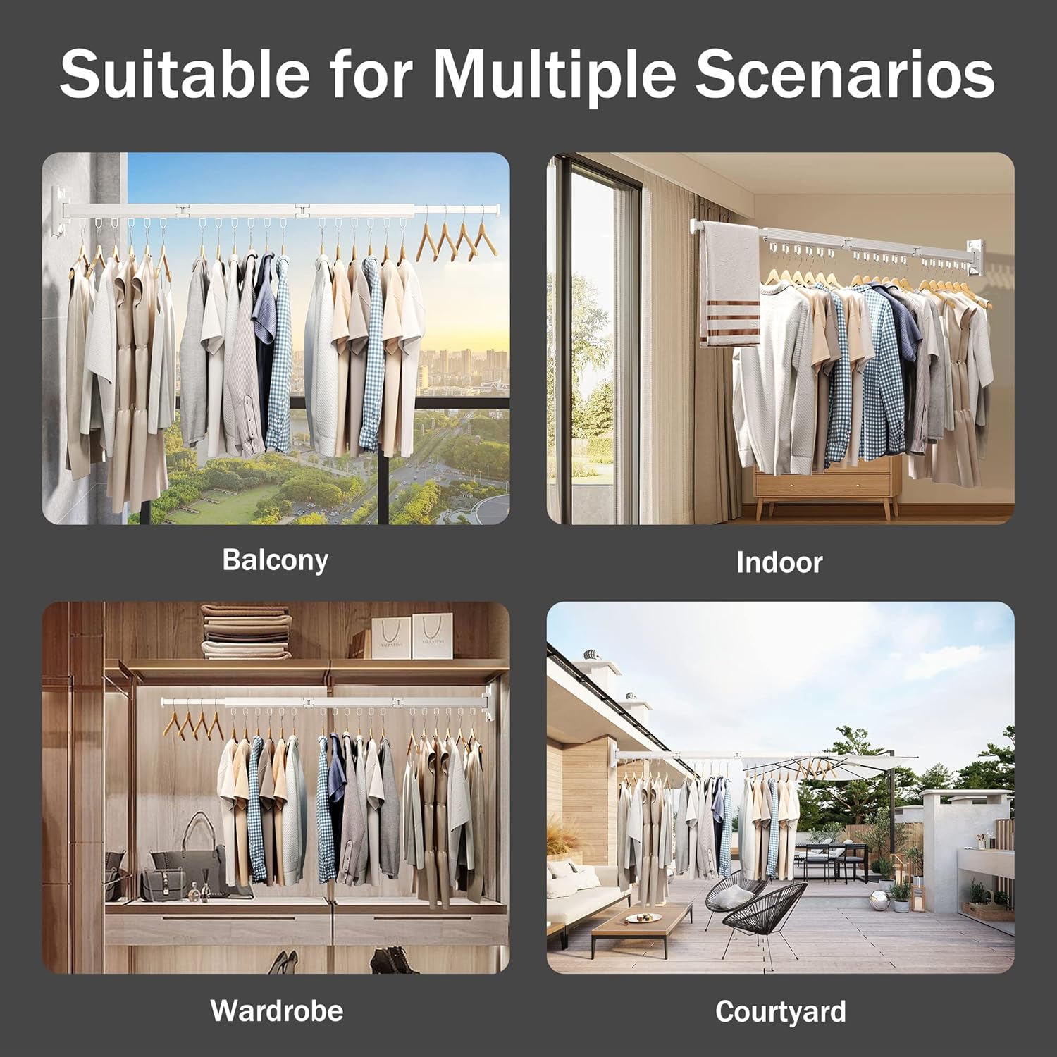 Wall Mounted Clothes Drying Rack, Retractable Laundry Rack for Hanging Clothes, Collapsible