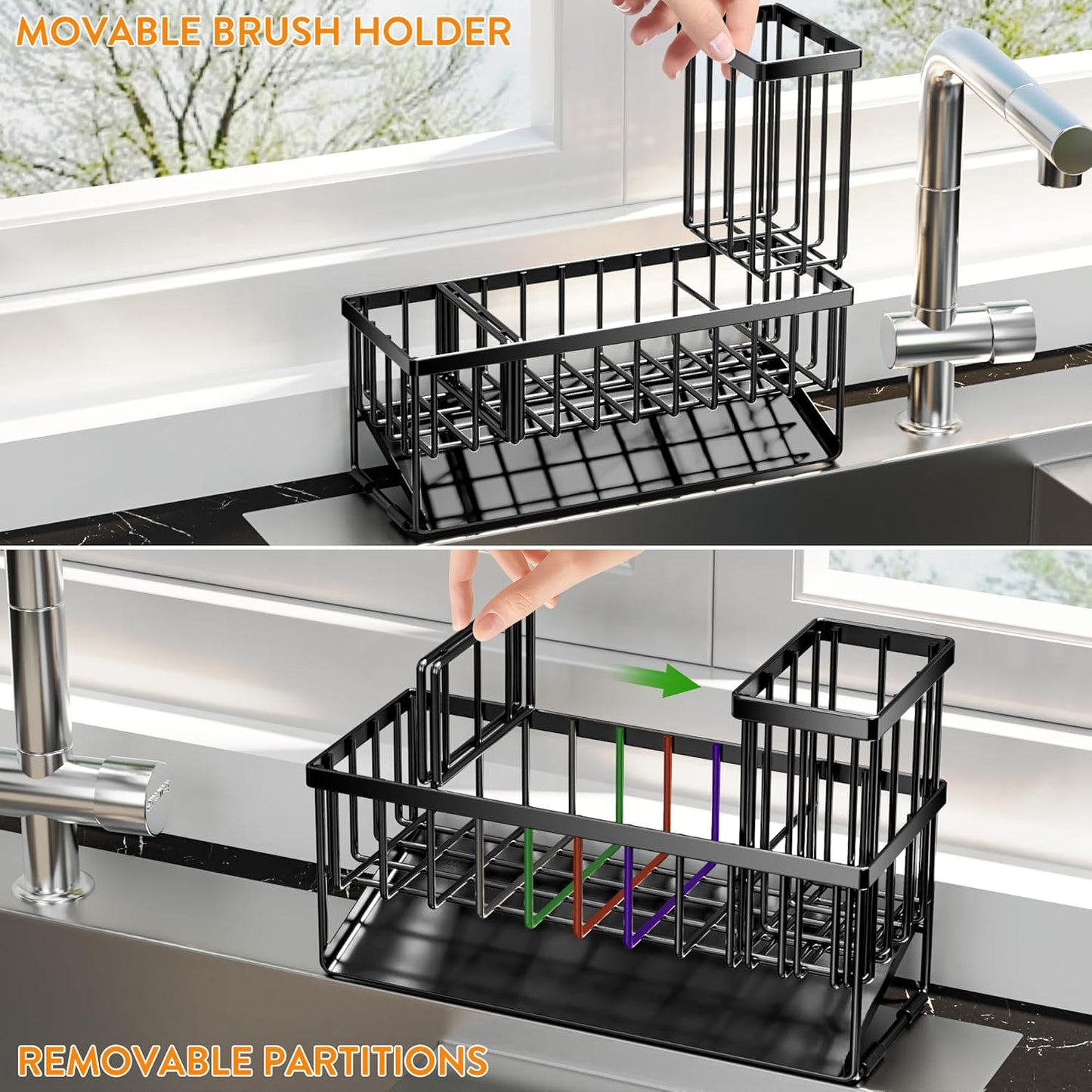 Cisily Extra Large Kitchen Sink Caddy Organzier with High Brush Holder, Sponge Holder for Sink, 304