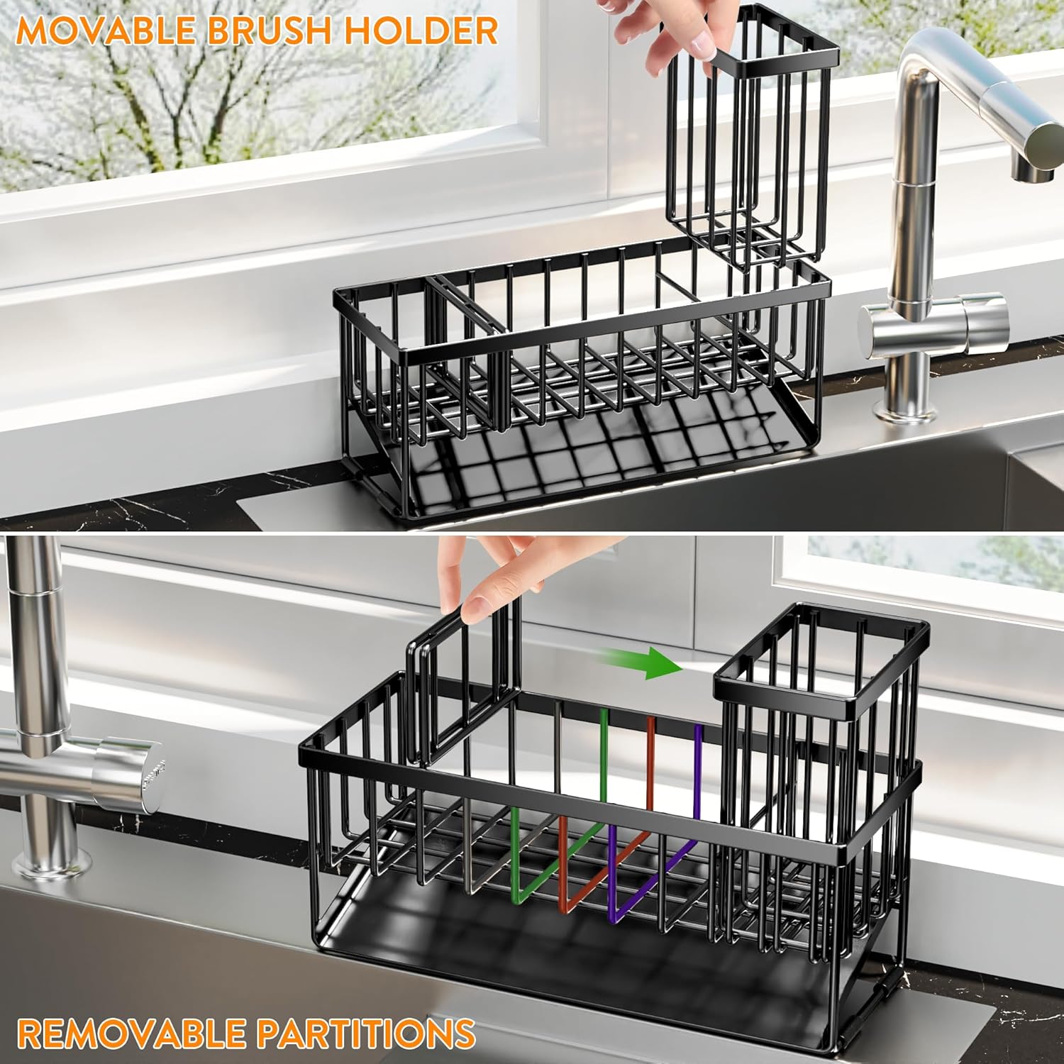 Cisily Extra Large Kitchen Sink Caddy Organzier with High Brush Holder, Sponge Holder for Sink, 304