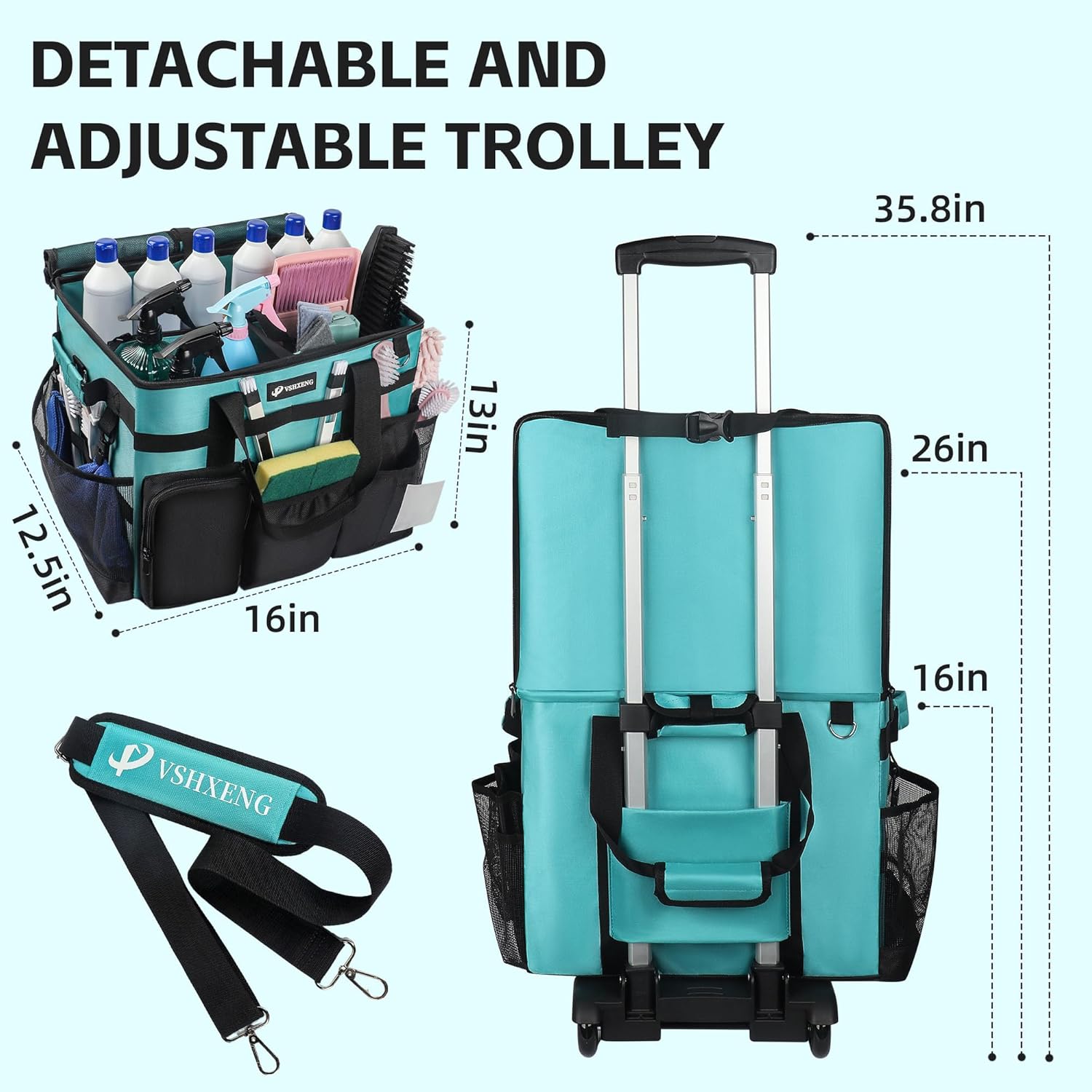 Rolling Cleaning Caddy Bag with Wheels, Large Cleaning Cart Detachable Trolley, Cleaning Bags for