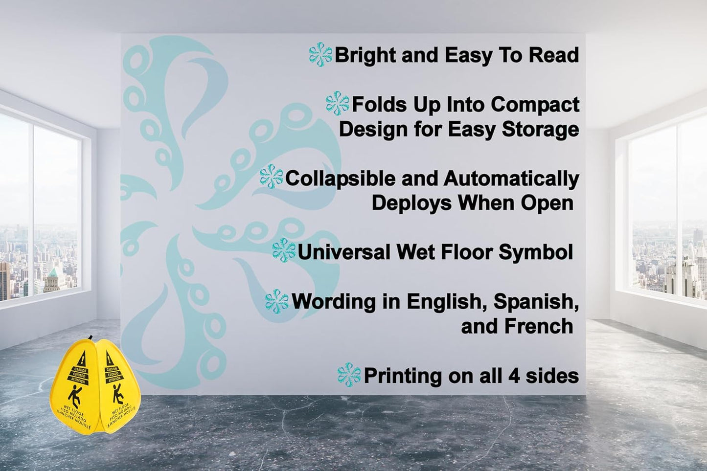 Kraken Sign Co - Pop-up Sign, Yellow 4-Sided Bilingual Trilingual English/Spanish/French Warning