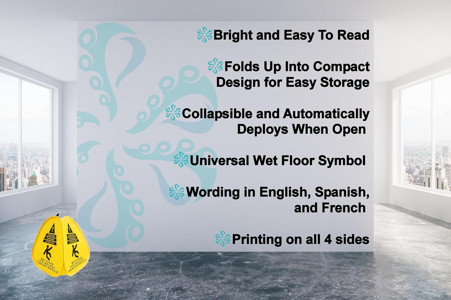 Kraken Sign Co - Pop-up Sign, Yellow 4-Sided Bilingual Trilingual English/Spanish/French Warning
