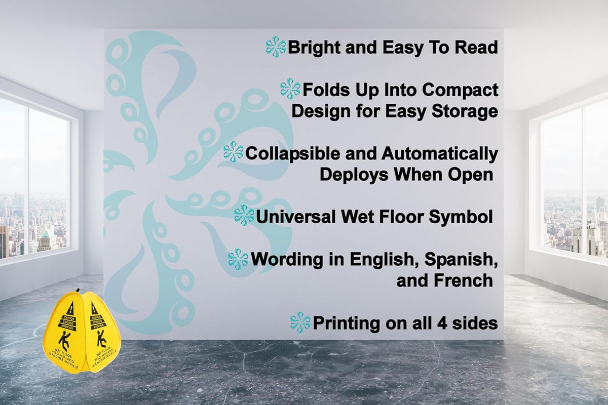 Kraken Sign Co - Pop-up Sign, Yellow 4-Sided Bilingual Trilingual English/Spanish/French Warning