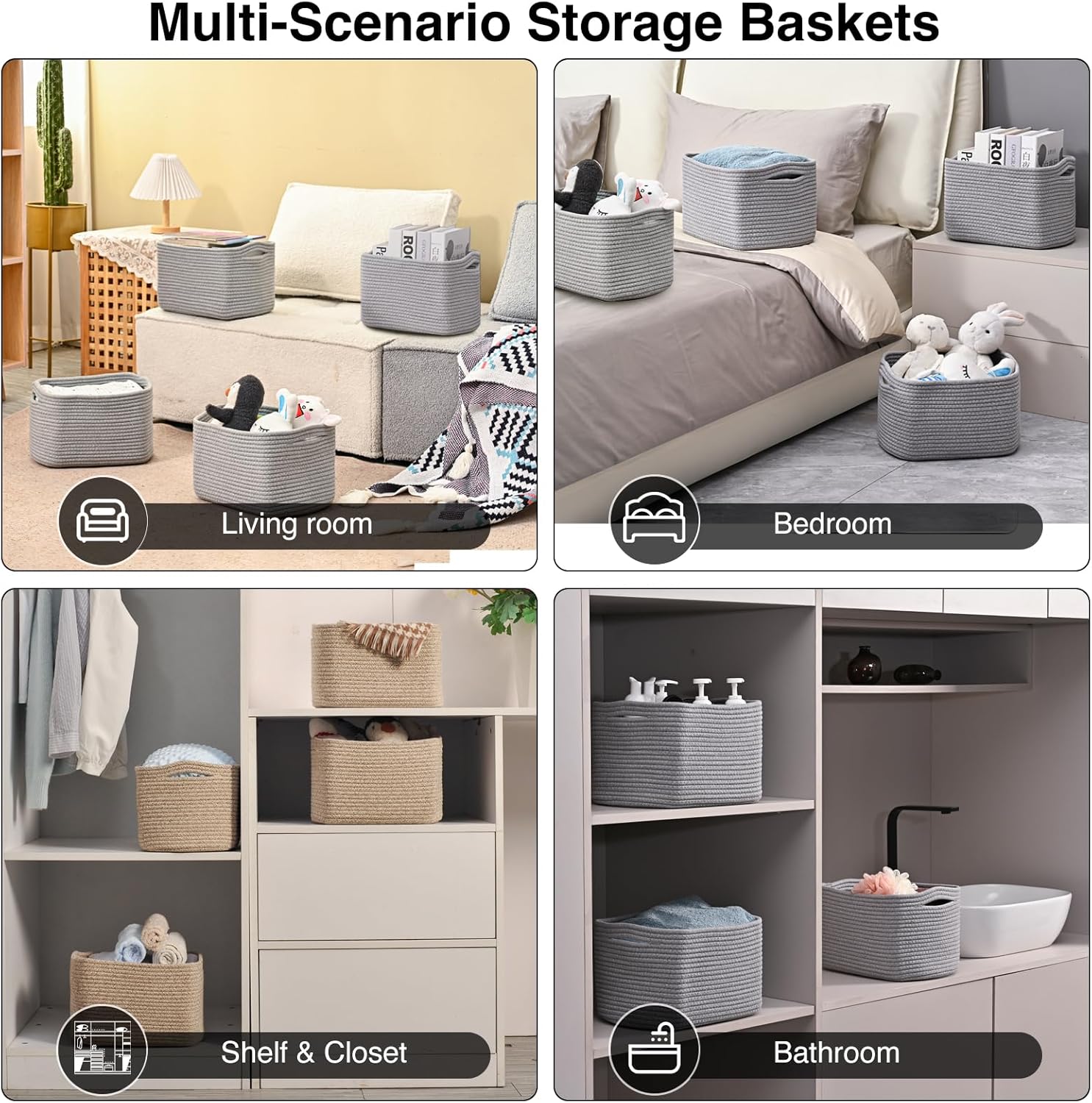 Small Storage Baskets for Shelves Organizing, Woven Cotton Rope Baskets for Storage, Book Basket