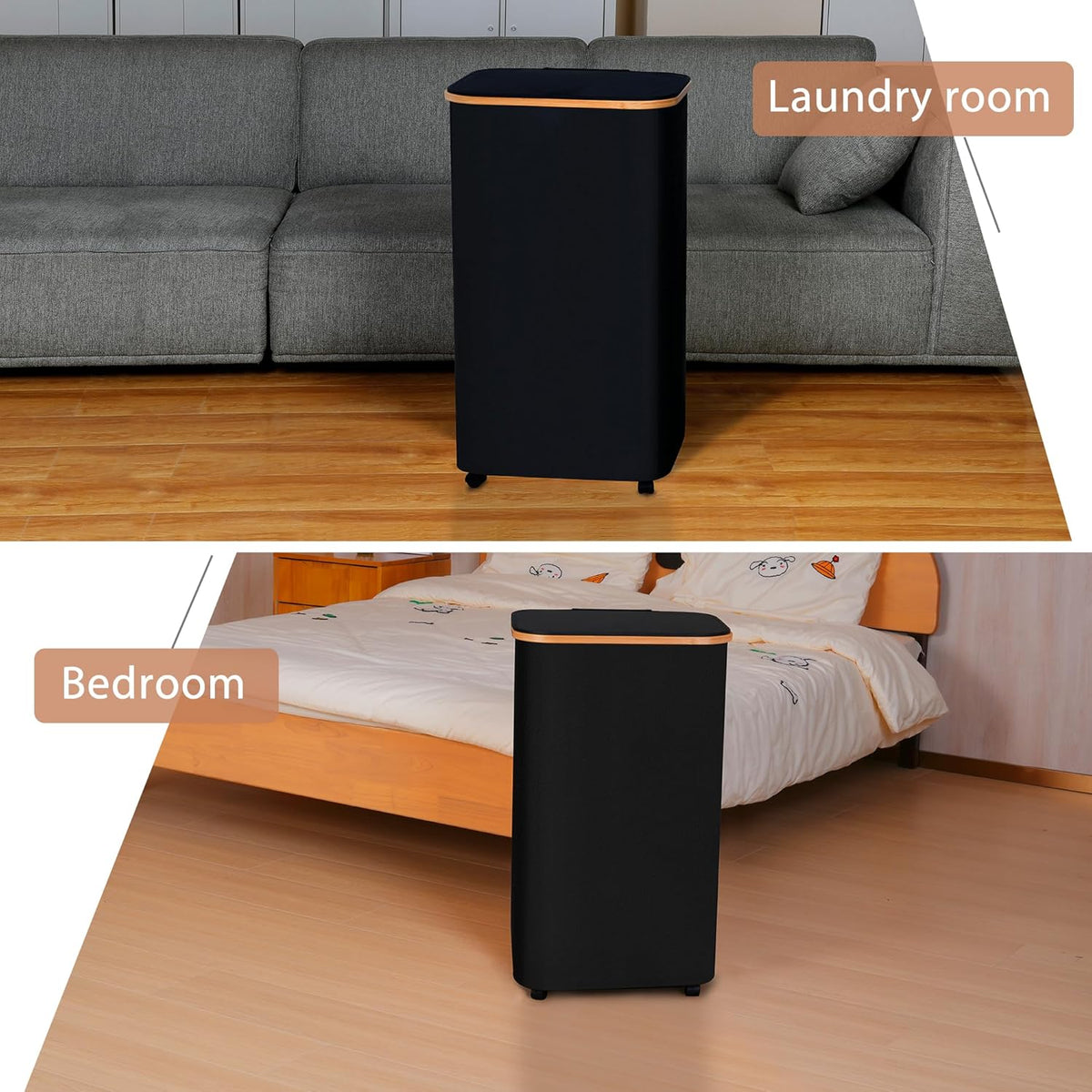 Laundry Basket with Wheels,100L Hampers for Laundry,Black Large Laundry Hamper with Lid and Bamboo
