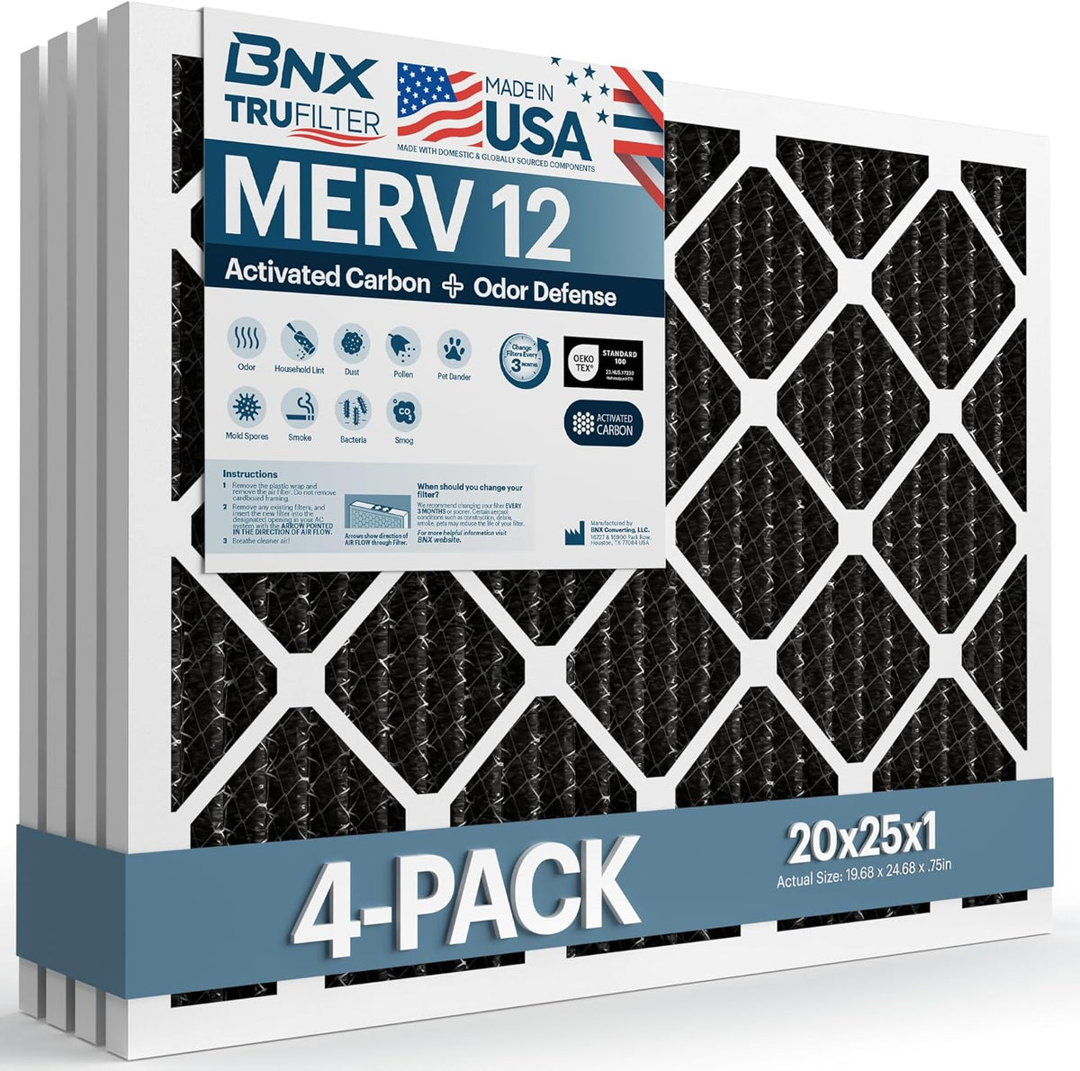 BNX TruFilter 20x25x1 MERV 12 Odor Defense (4-Pack) AC Furnace Air Filter with Activated Carbon