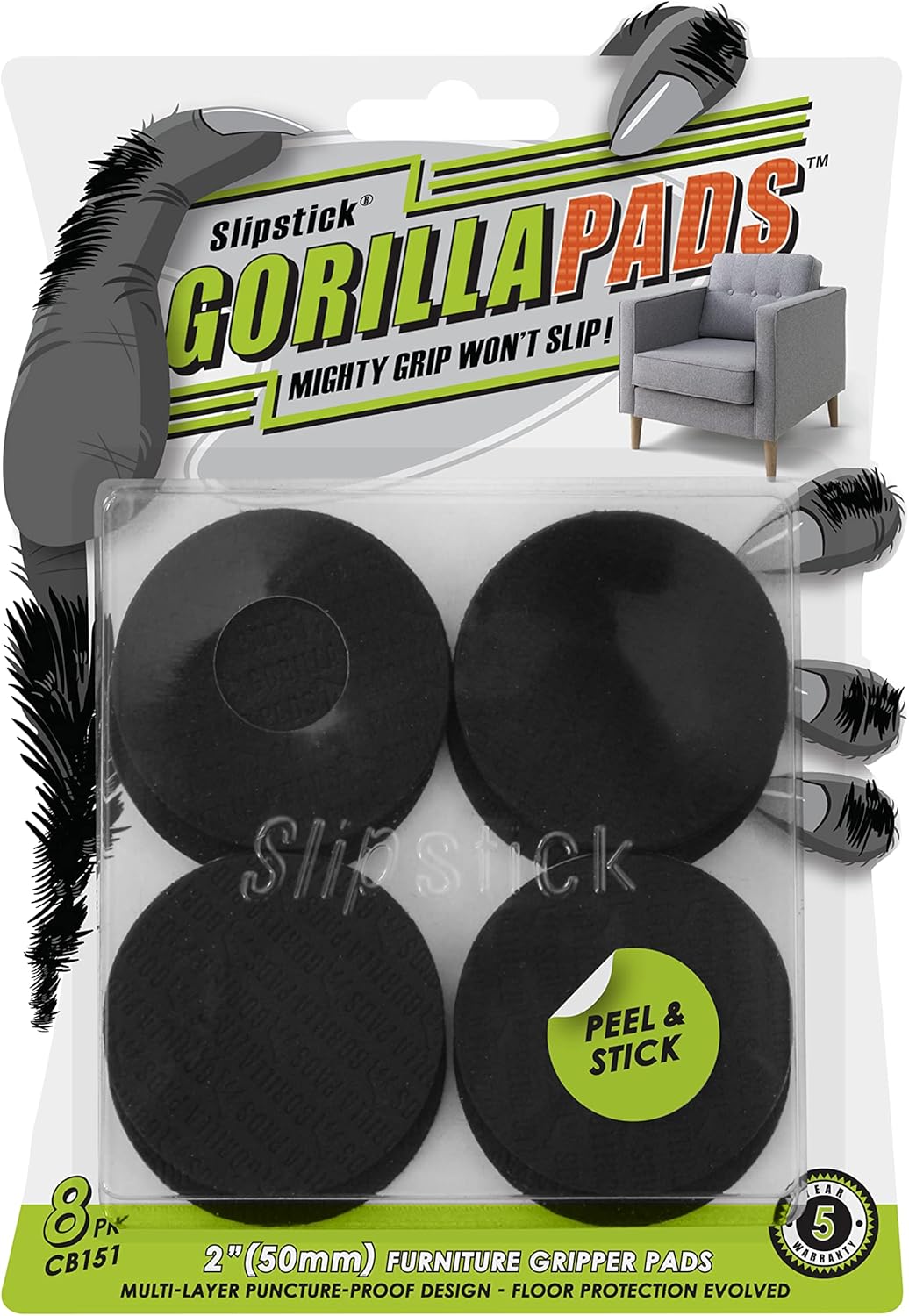 Slipstick GorillaPads Non Slip Furniture Pads/Gripper Floor Protectors (Set of 8) 2 Inch Round Self