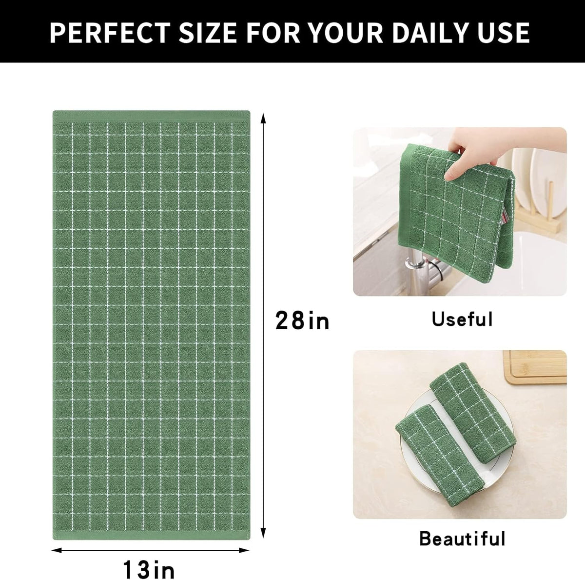 Homaxy 100% Cotton Terry Kitchen Towels(Grass Green, 13 x 28 inches), Checkered Designed, Soft and