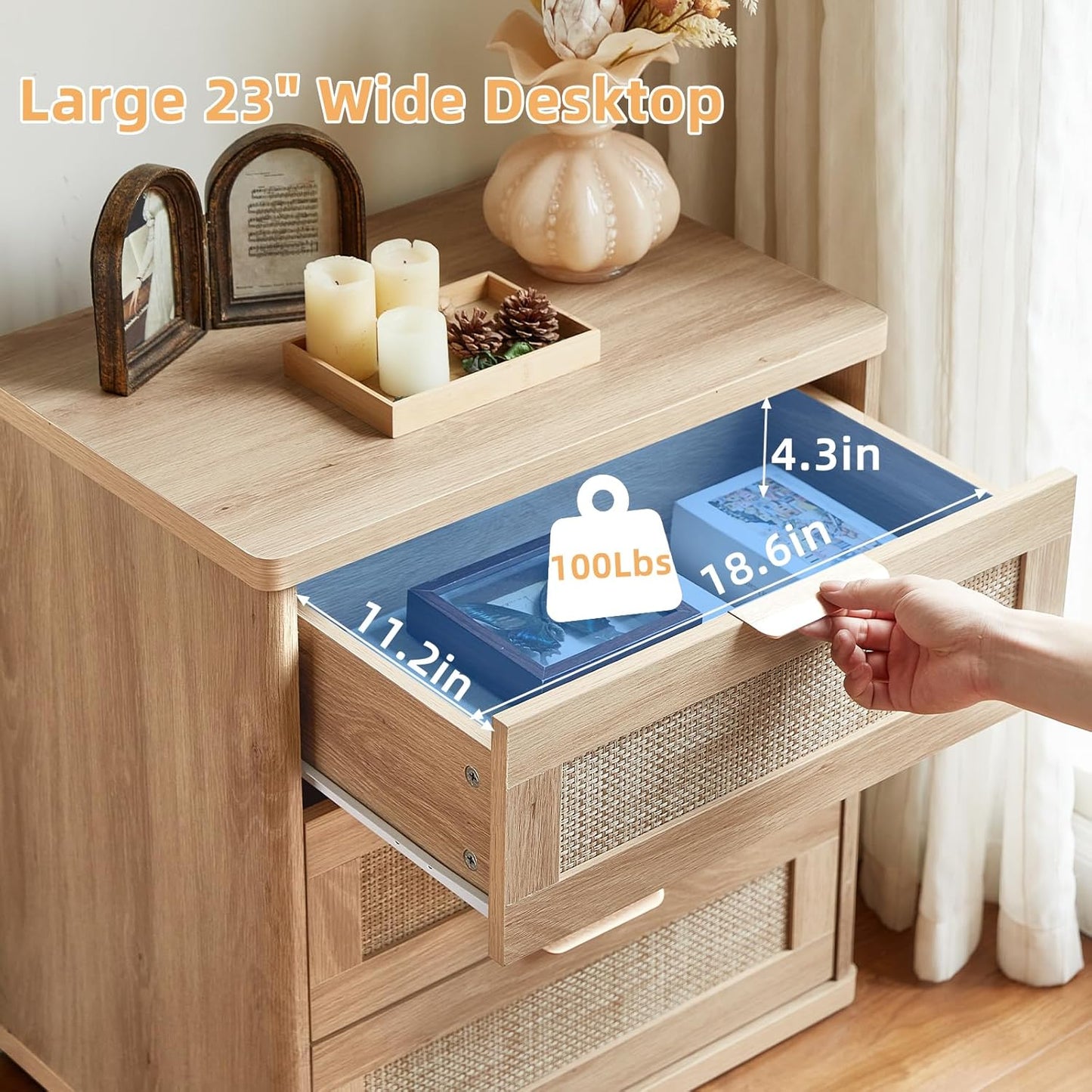 LEYAOYAO Rattan Night Stand Set of 2 with Drawers, 23" Large 3 Drawer Boho Nightstand, Natural Wood