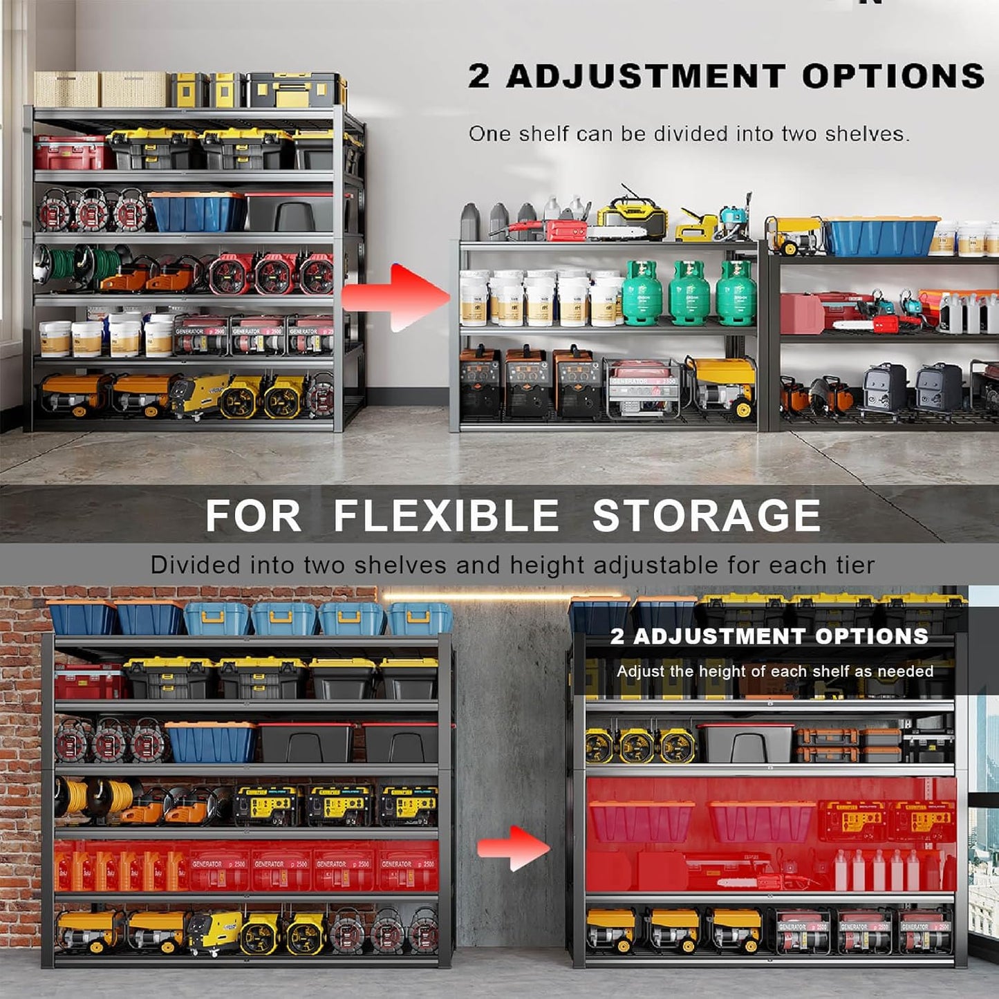 65" W Garage Shelving Heavy Duty, 6 Tier Garage Shelves, Adjustable Storage Shelving Unit