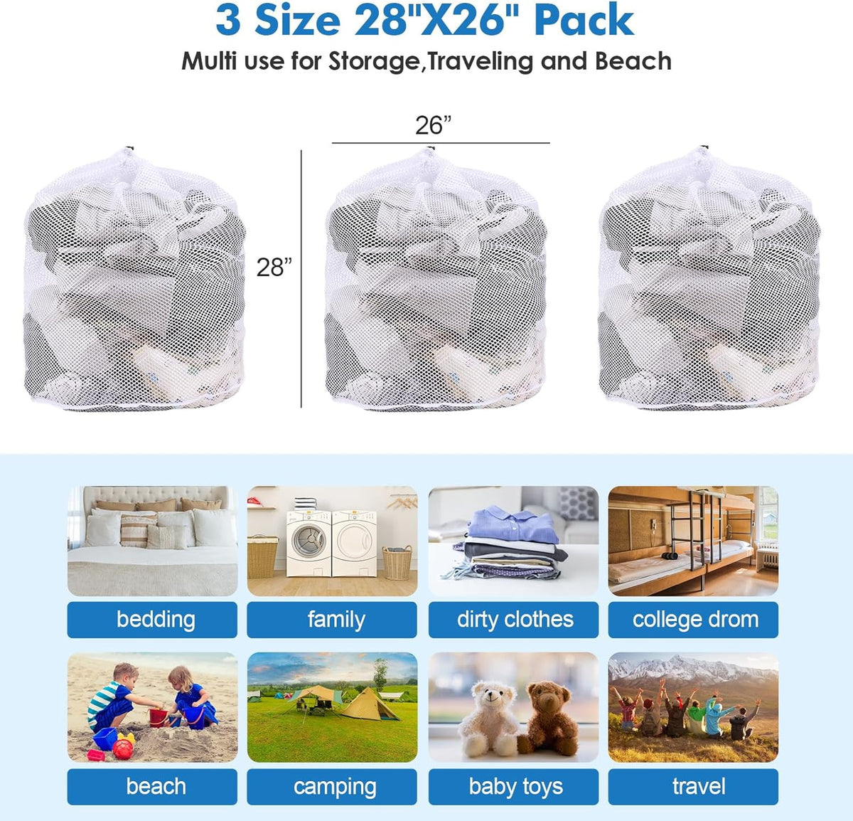 3Pcs Mesh Laundry Bags Washing Machine Mesh Wash Bags Jumbo for Delicates Clothes,Bed Linen,Toys