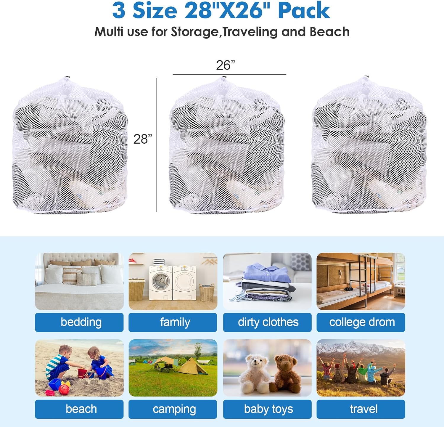 3Pcs Mesh Laundry Bags Washing Machine Mesh Wash Bags Jumbo for Delicates Clothes,Bed Linen,Toys