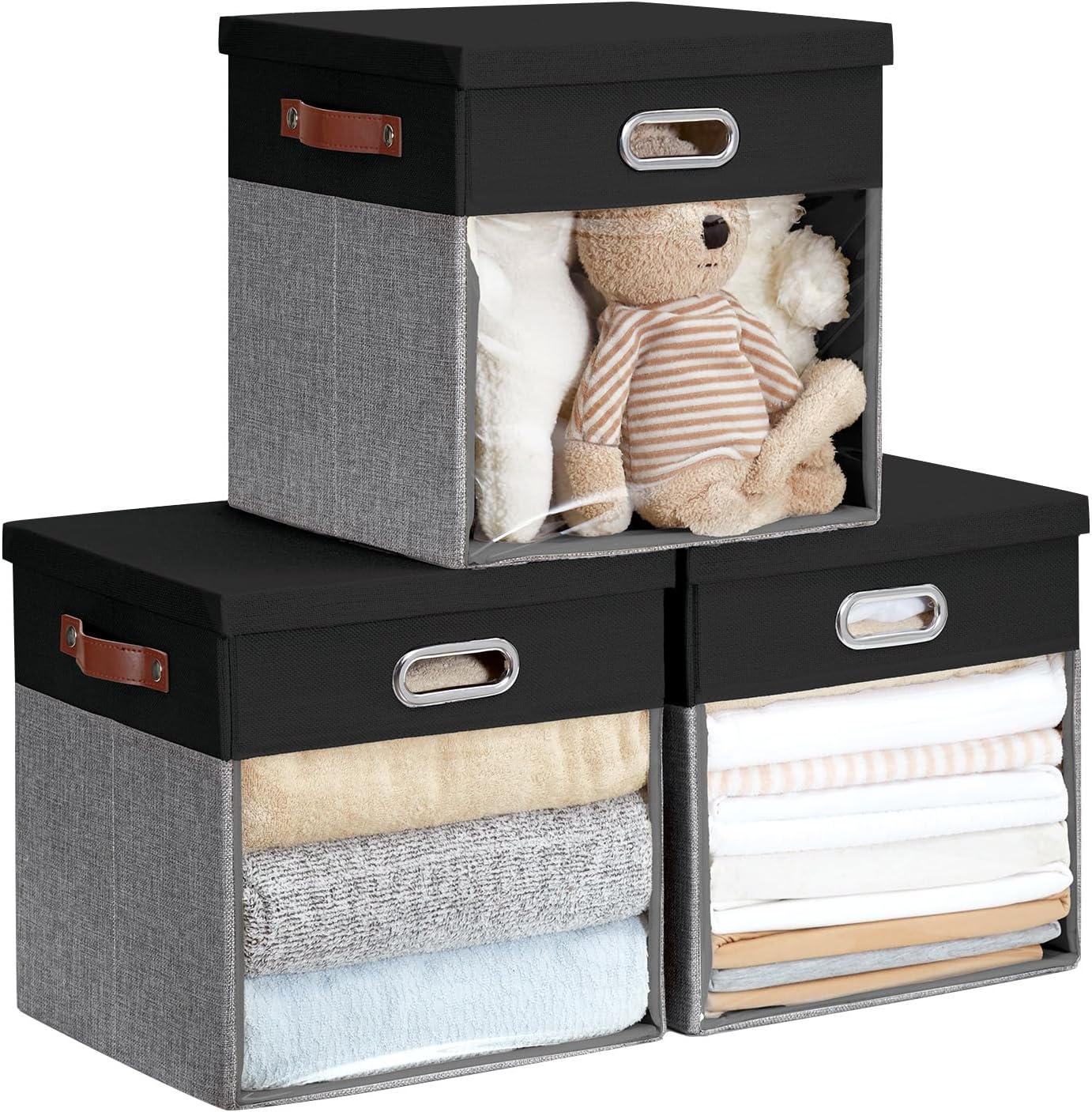 Fabric Storage Cubes with Clear Windows and Lids, 13'' Foldable Storage Bins with 3 Handles