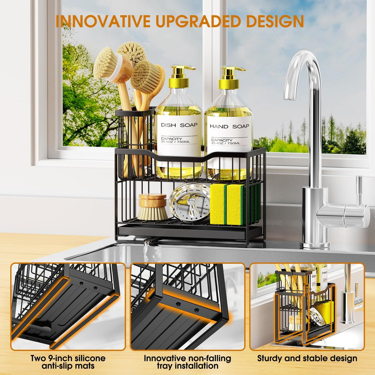 2-Tier Kitchen Sink Caddy with High Brush Holder&Self-Draining Tray,Rustproof&Non-Slip Sink Sponge