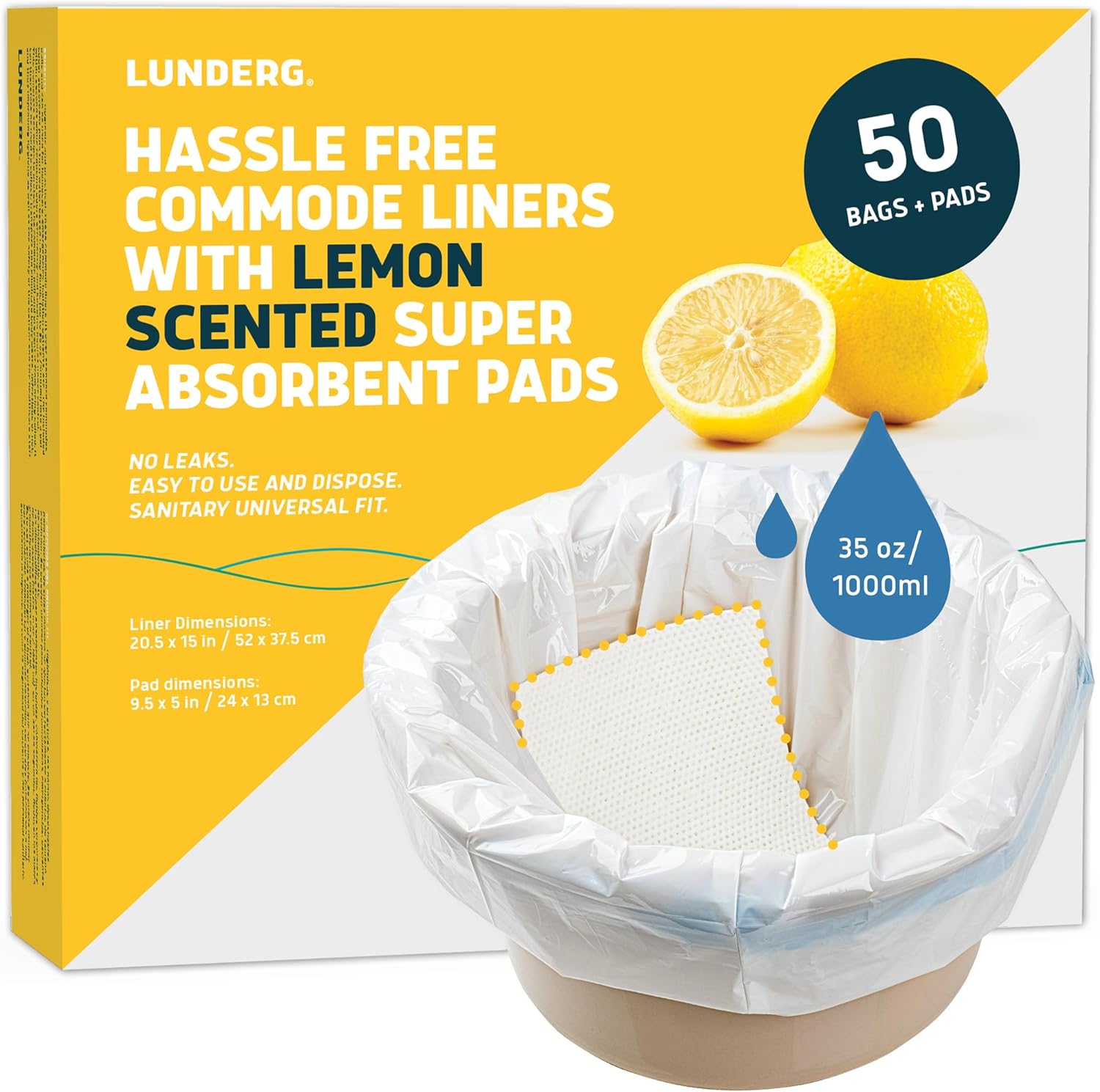 Lunderg Commode Liners with Absorbent Pads - Lemon Scent Medical Grade 50 Count Universal Fit