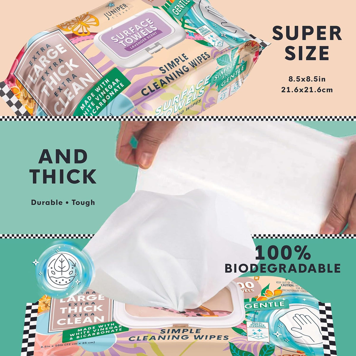 3 Packs Surface Cleaning Wipes Bleach Free, Thick & Large Dispose, All-Purpose Cleaner for
