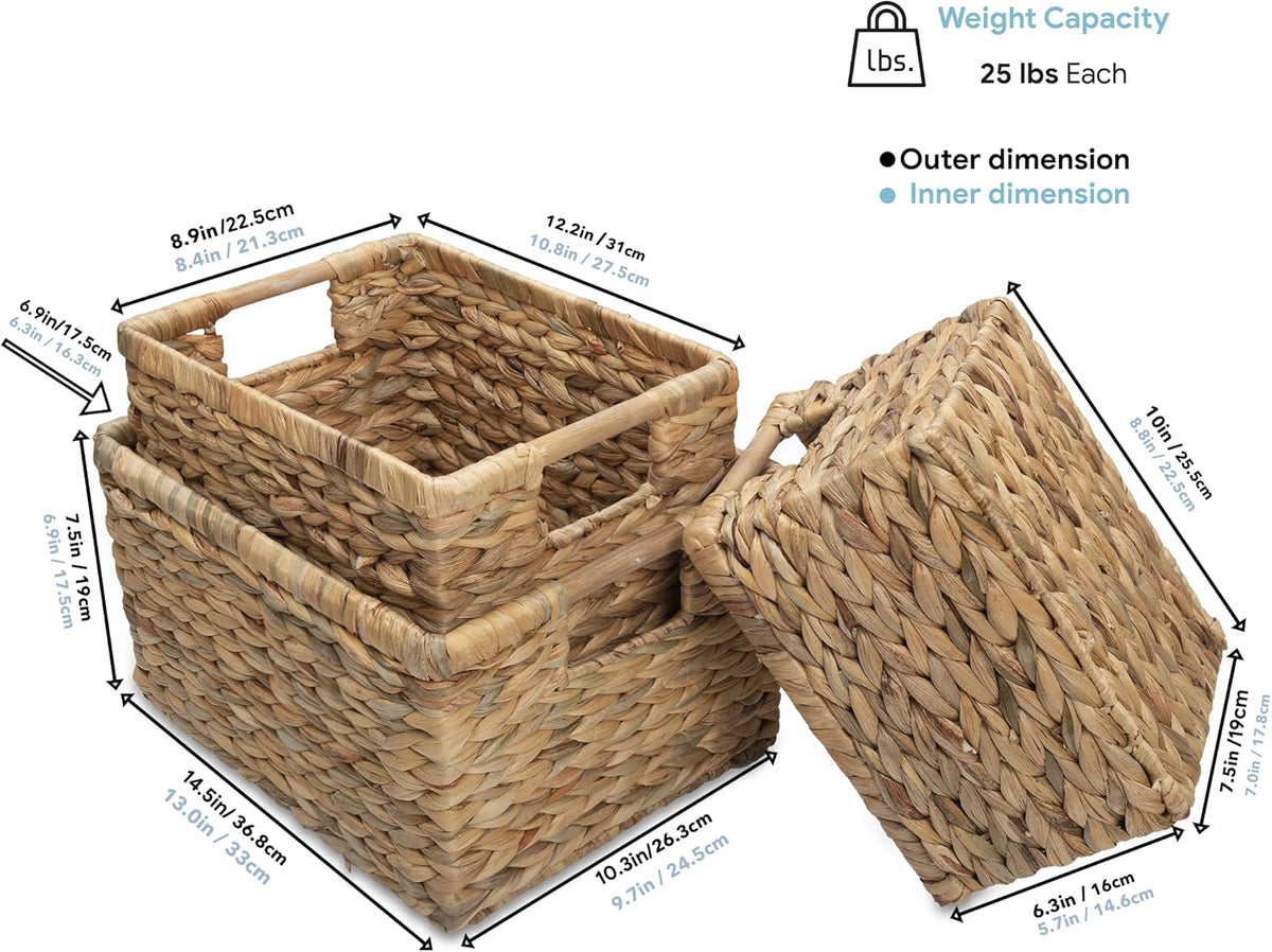 Water Hyacinth Storage Baskets with Wooden Handles, Rectangular Woven Organizer Bins for Closet